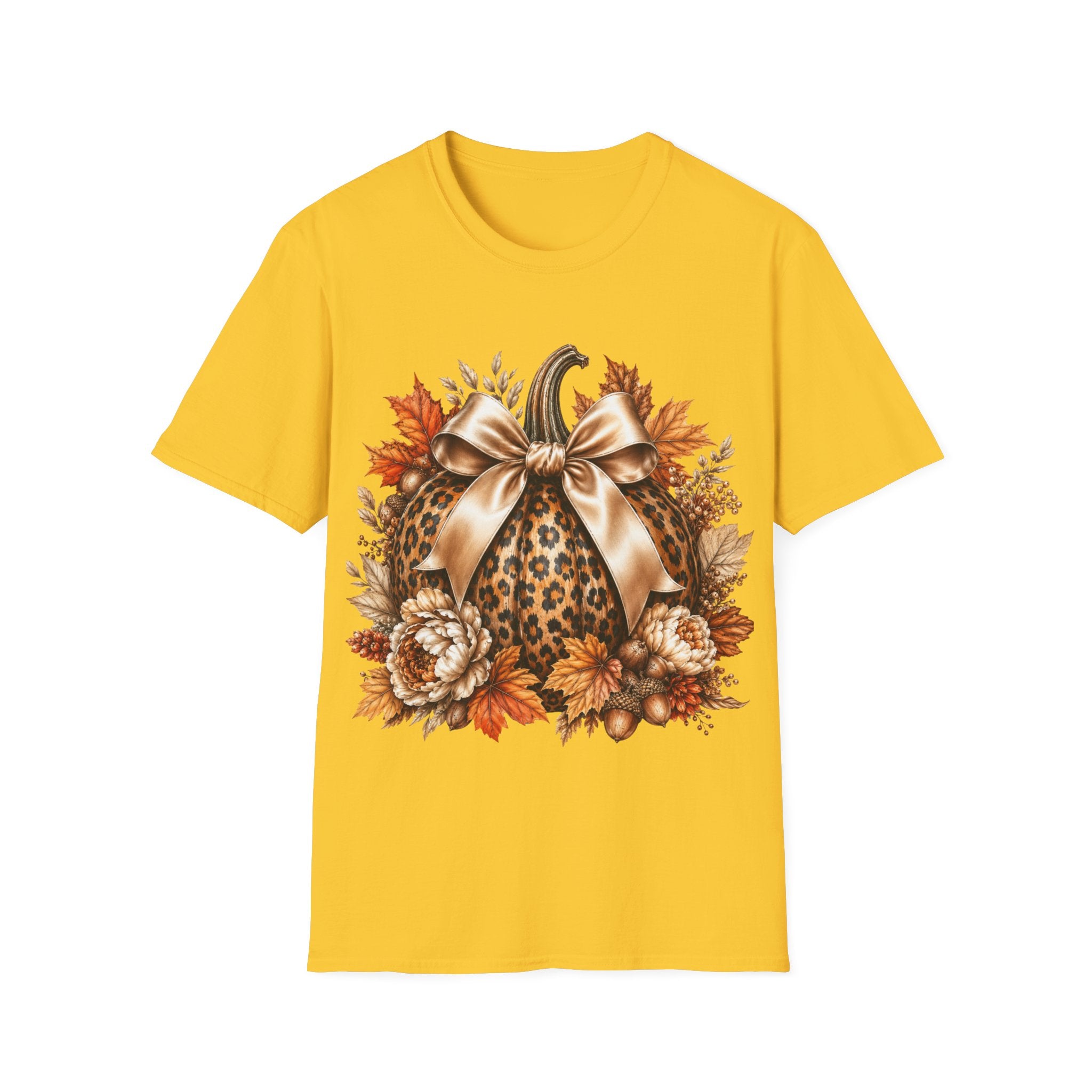 Leopard Pumpkin Fall T-Shirt — Autumn Bow & Leaves Graphic Tee