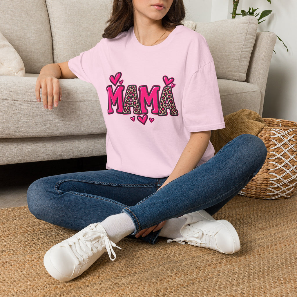 Mama Leopard Heart T‑Shirt — Cute Pink Mama Graphic Tee for Mothers’ Day