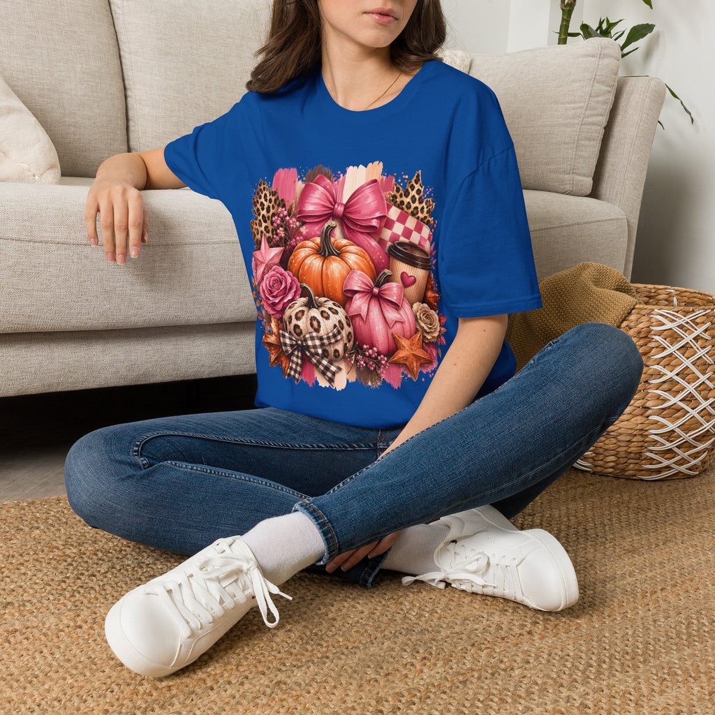 Pumpkin Bow Graphic T‑Shirt — Pink Fall Pumpkin & Leopard Coffee Tee