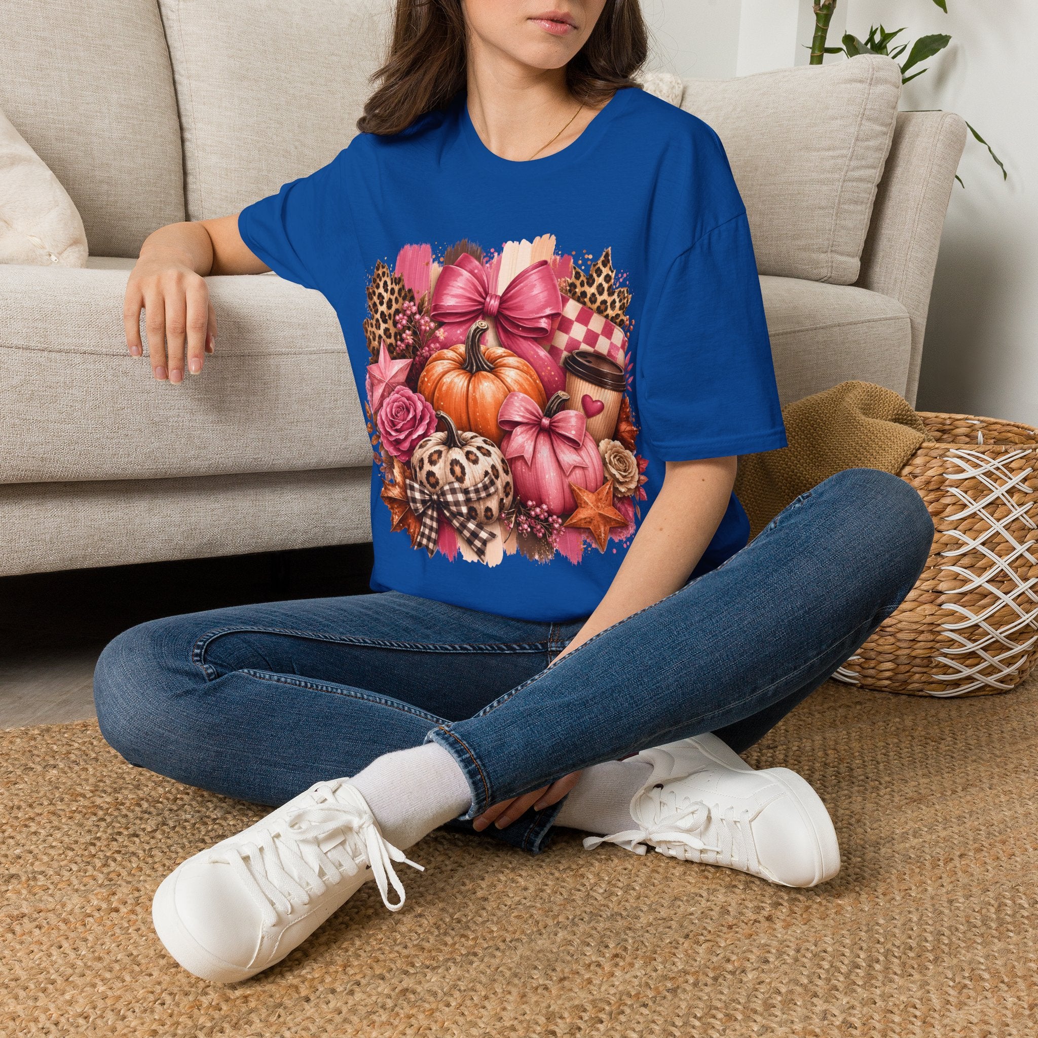 Pumpkin Bow Graphic T‑Shirt — Pink Fall Pumpkin & Leopard Coffee Tee