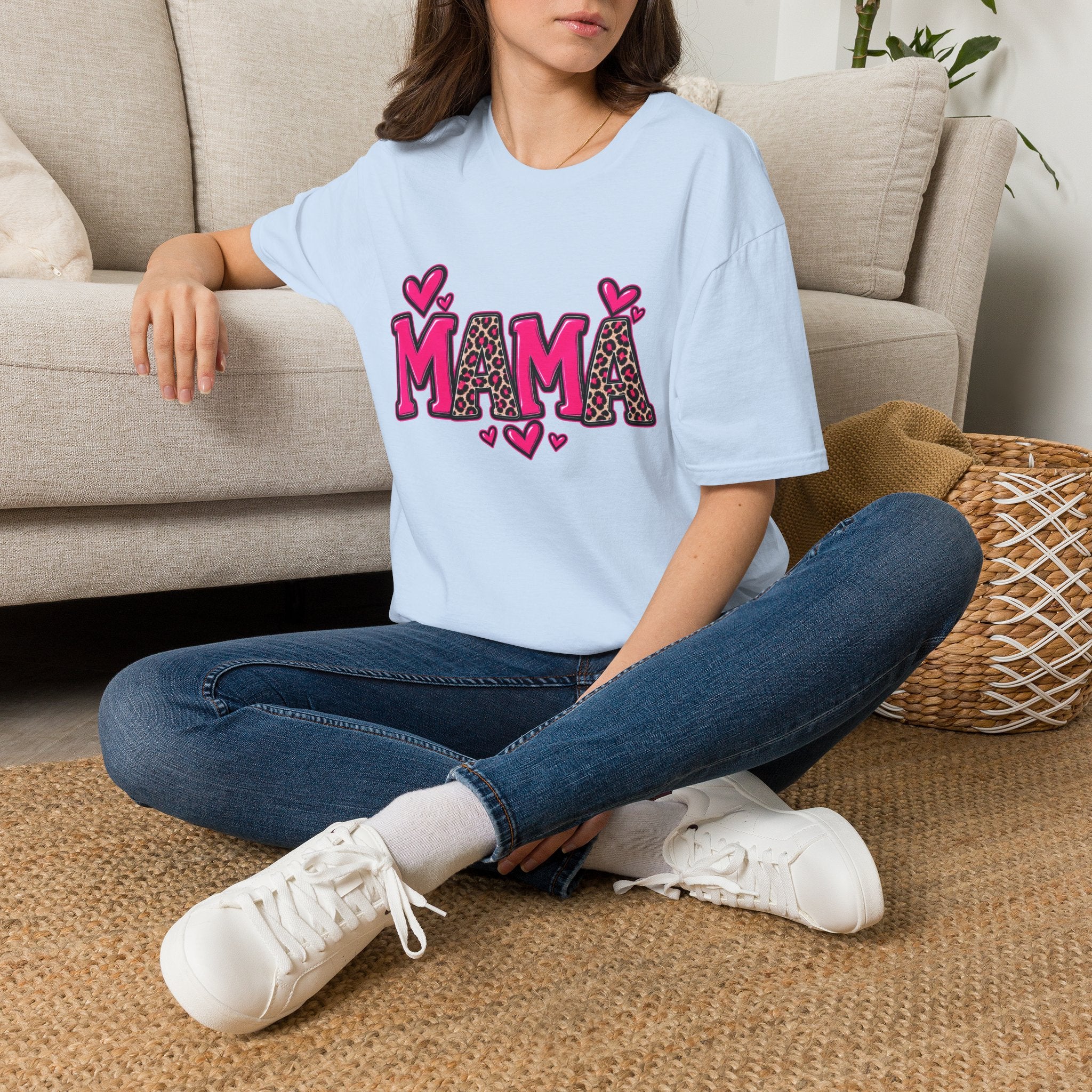 Mama Leopard Heart T‑Shirt — Cute Pink Mama Graphic Tee for Mothers’ Day