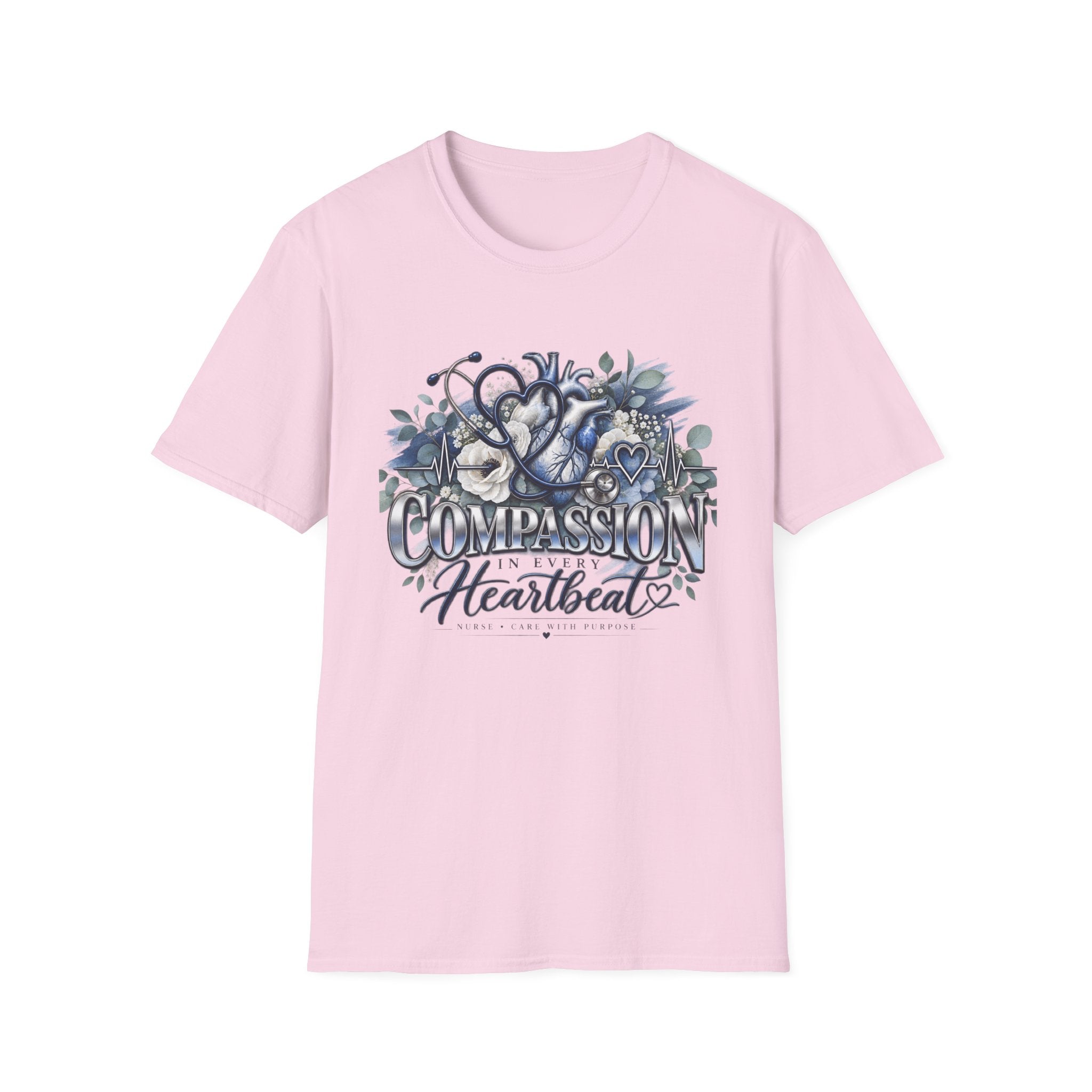Compassion Heartbeat T-Shirt — Stethoscope & Floral Nurse Medical Tee