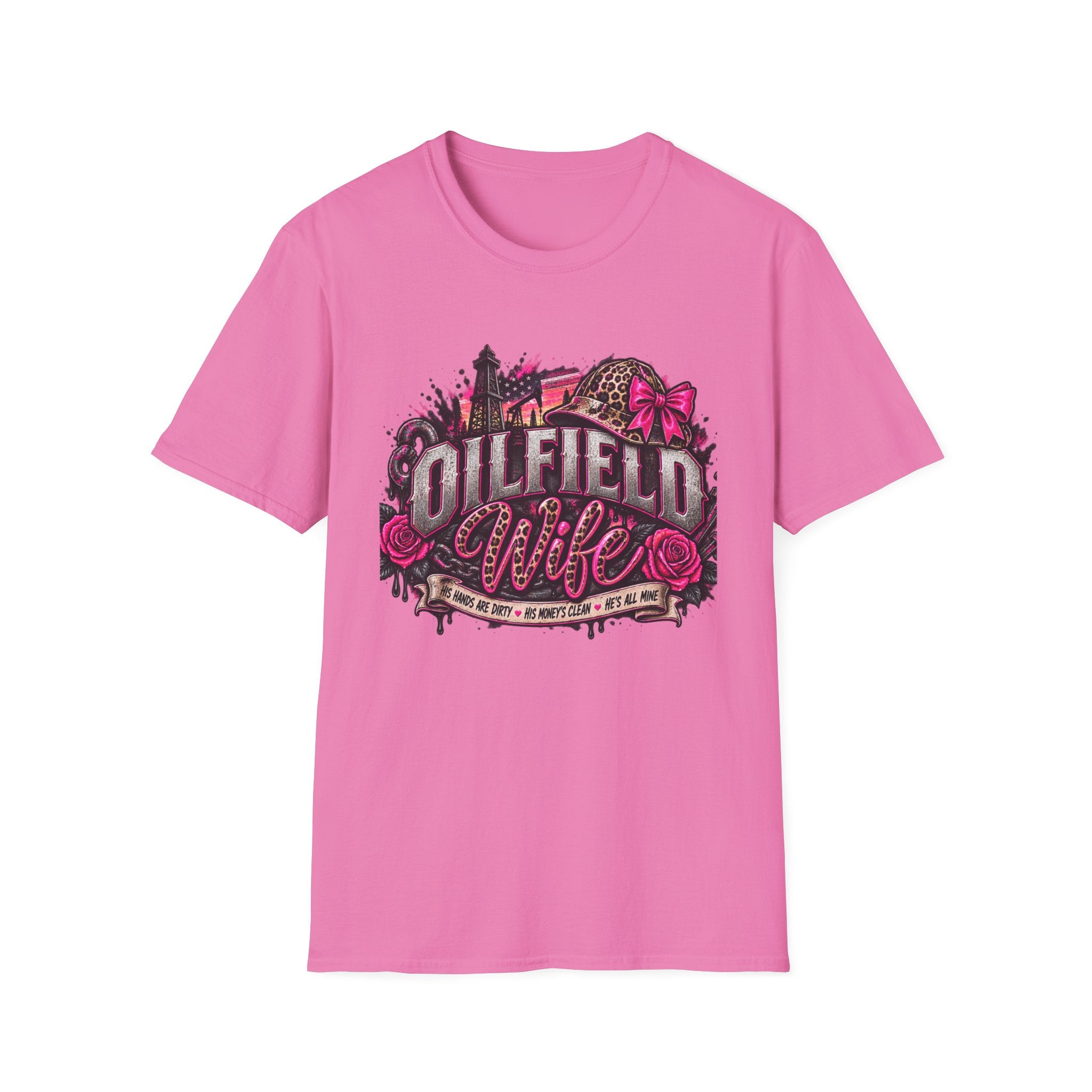 Oilfield Wife T-Shirt — Pink Leopard Bow Oilfield Graphic Tee