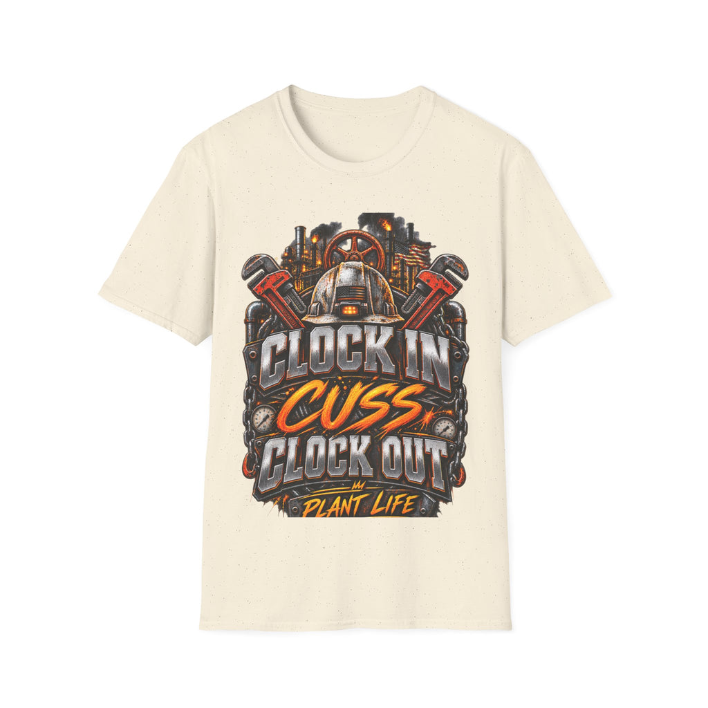 Clock In, Cuss Out Mechanic T‑Shirt — Vintage Industrial Worker Design