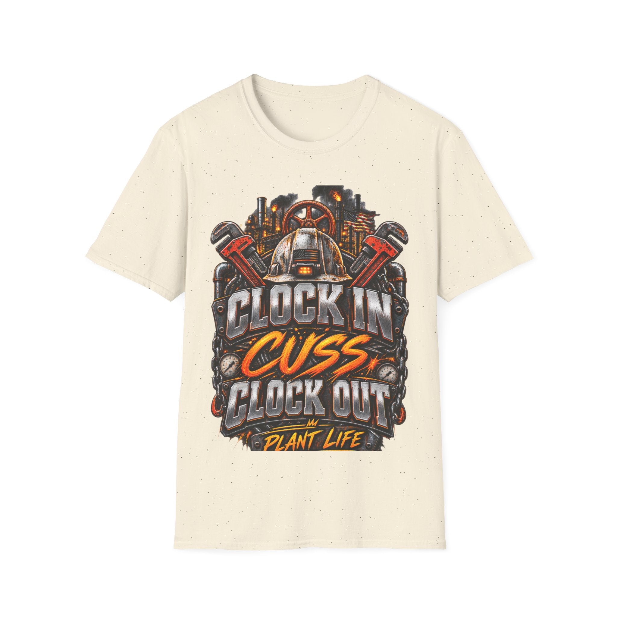 Clock In, Cuss Out Mechanic T‑Shirt — Vintage Industrial Worker Design