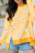 Stripe Halloween Ghost Patch Round Neck Long Sleeve Top