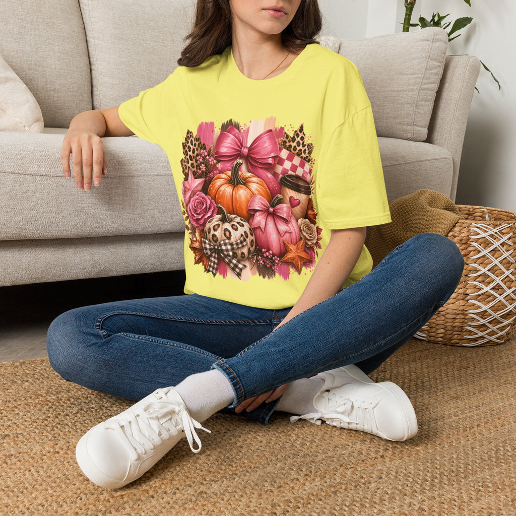 Pumpkin Bow Graphic T‑Shirt — Pink Fall Pumpkin & Leopard Coffee Tee