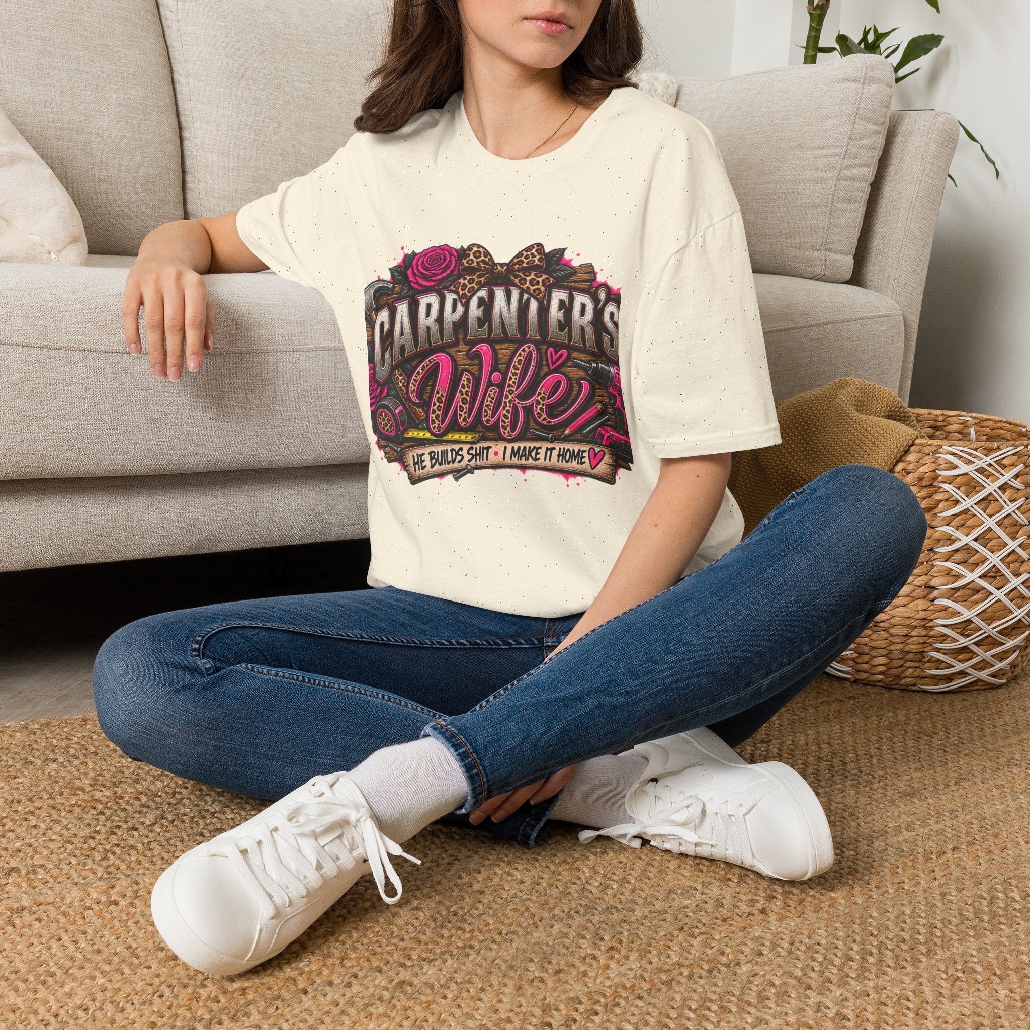 Carpenter's Wife T-Shirt — Floral Leopard Heart Design