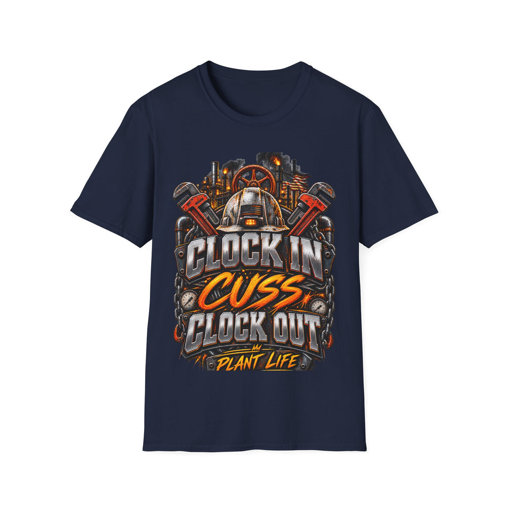 Clock In, Cuss Out Mechanic T‑Shirt — Vintage Industrial Worker Design