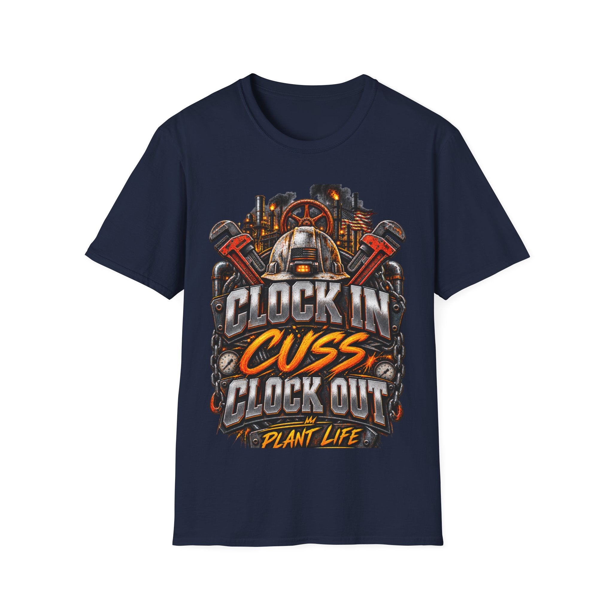 Clock In, Cuss Out Mechanic T‑Shirt — Vintage Industrial Worker Design