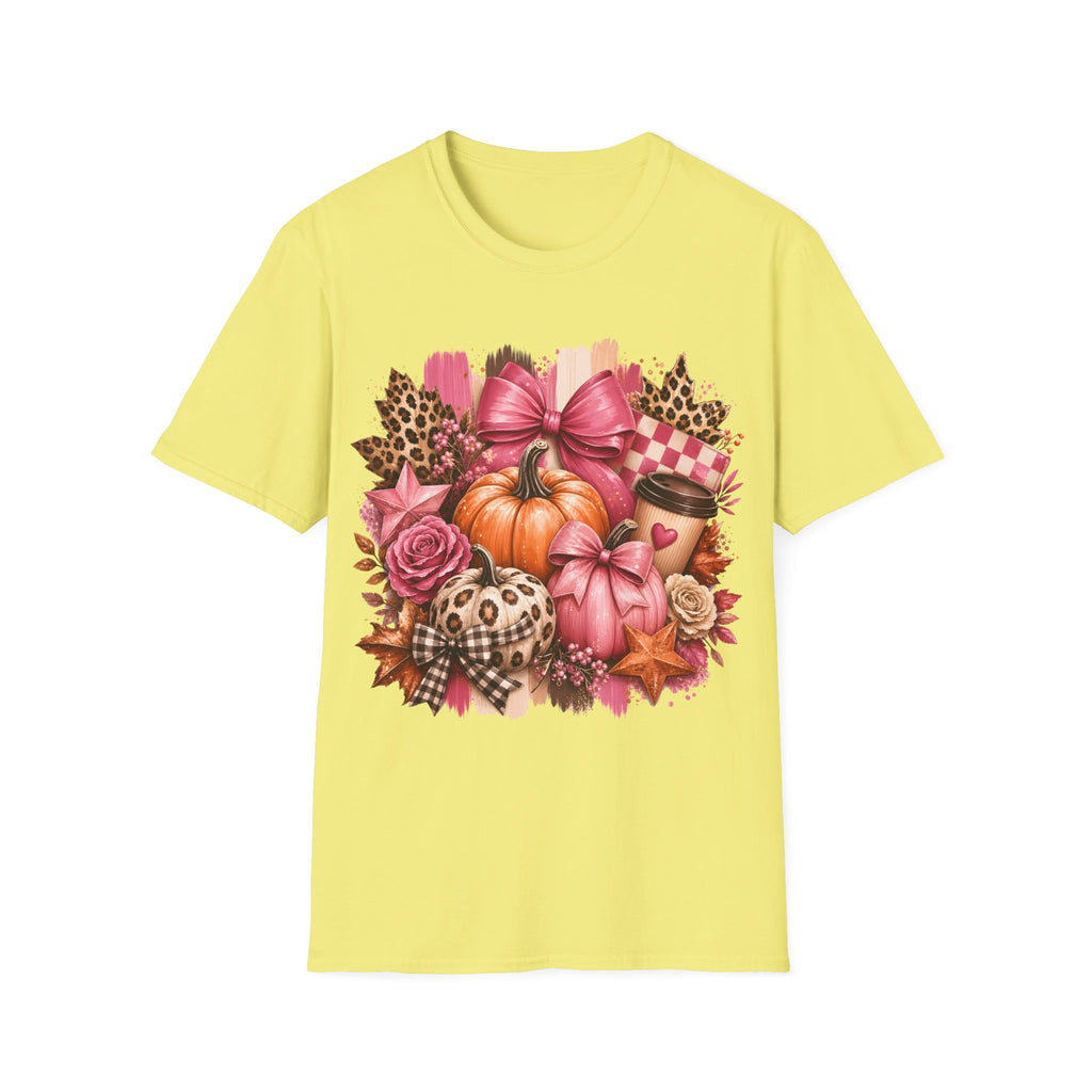 Pumpkin Bow Graphic T‑Shirt — Pink Fall Pumpkin & Leopard Coffee Tee