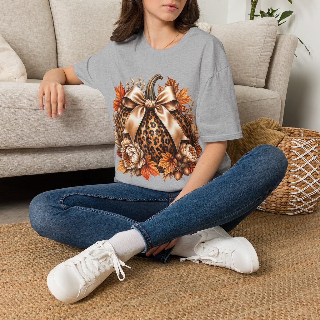 Leopard Pumpkin Fall T-Shirt — Autumn Bow & Leaves Graphic Tee