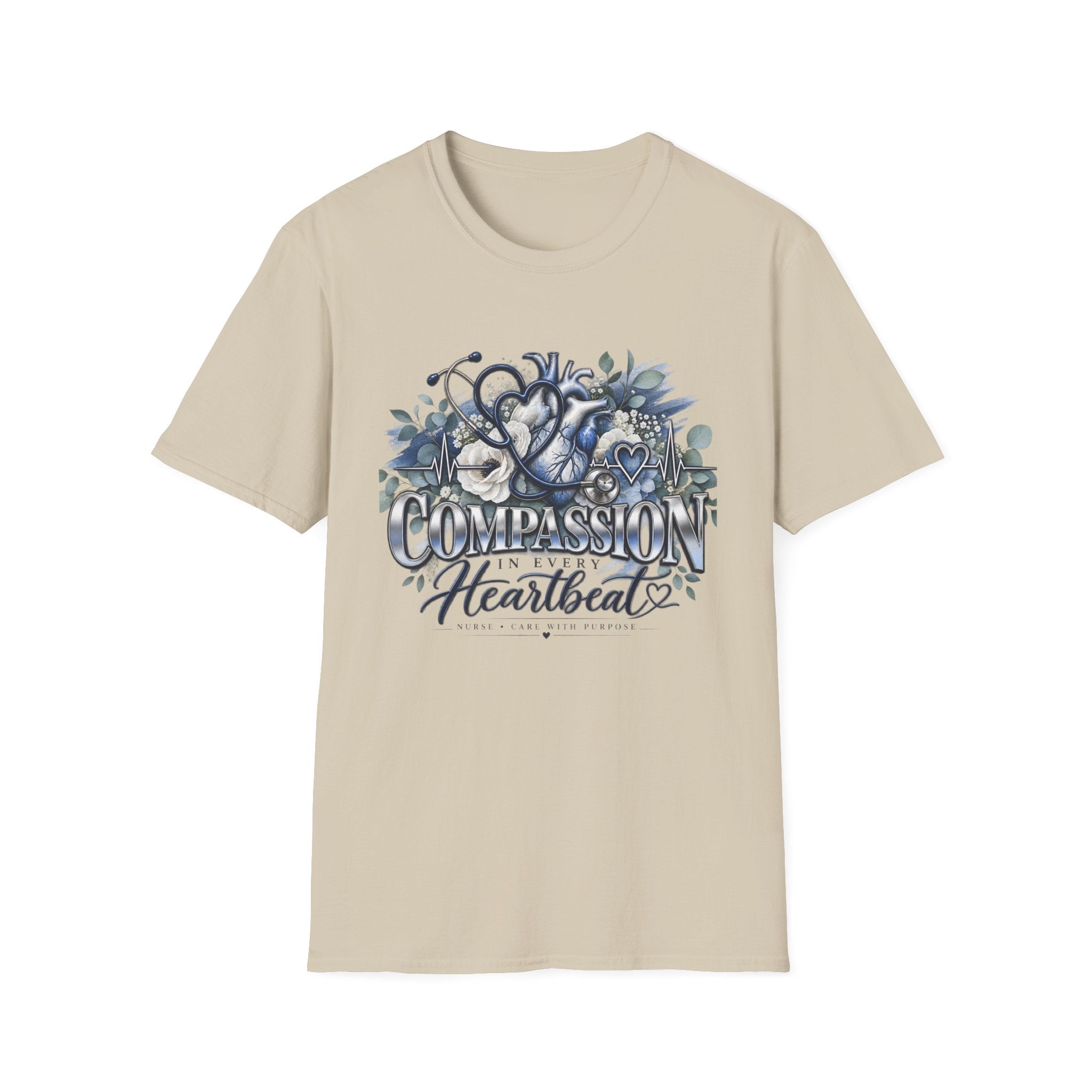 Compassion Heartbeat T-Shirt — Stethoscope & Floral Nurse Medical Tee