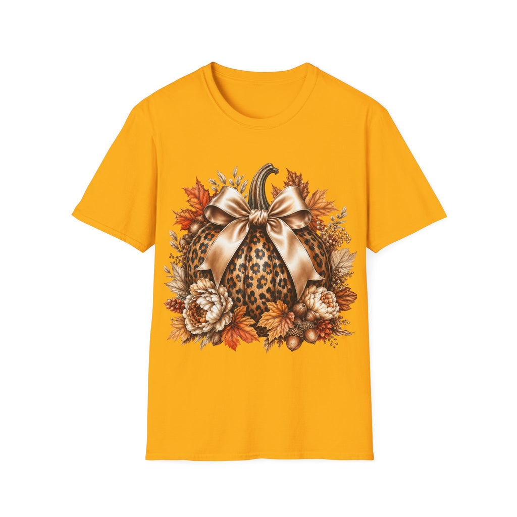 Leopard Pumpkin Fall T-Shirt — Autumn Bow & Leaves Graphic Tee