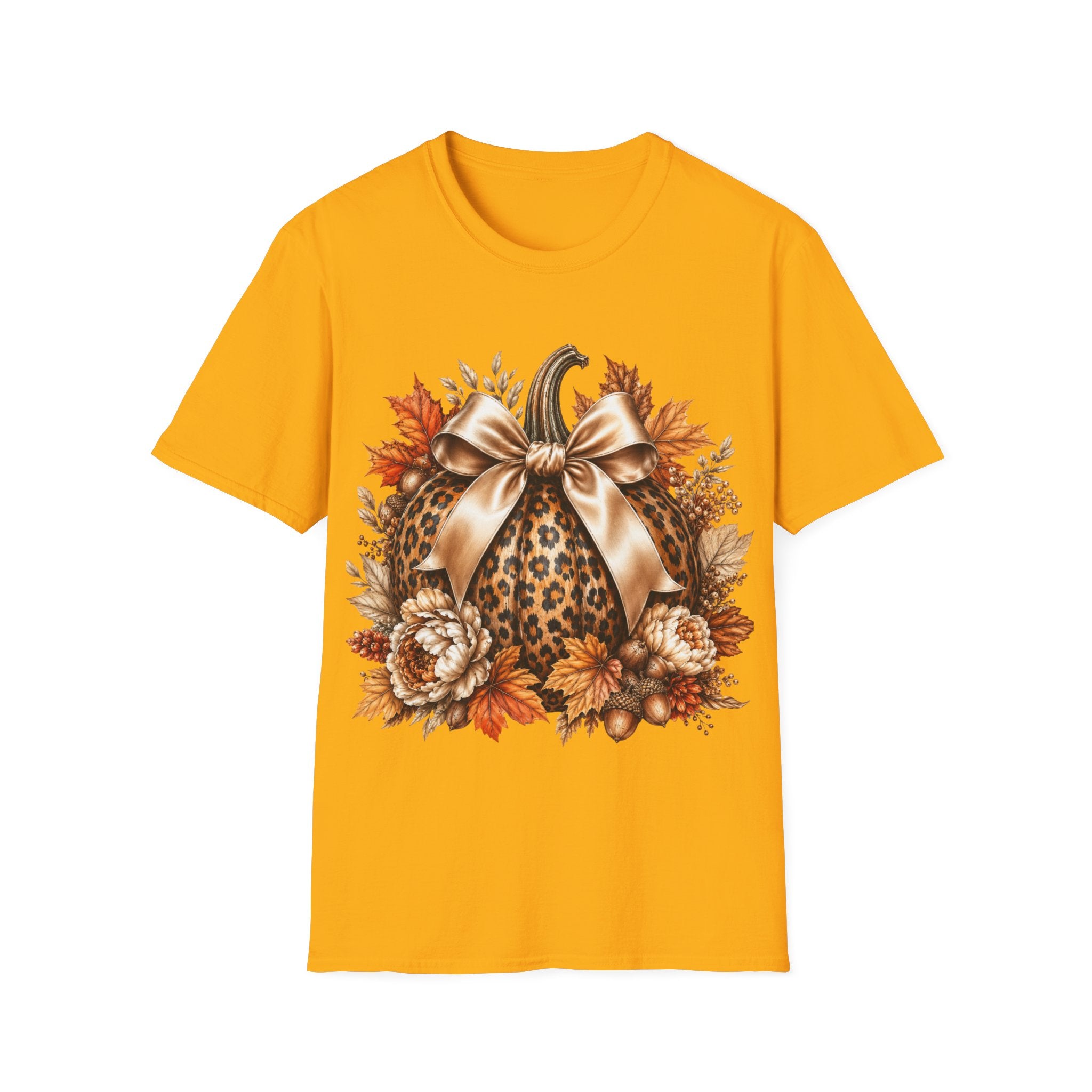 Leopard Pumpkin Fall T-Shirt — Autumn Bow & Leaves Graphic Tee