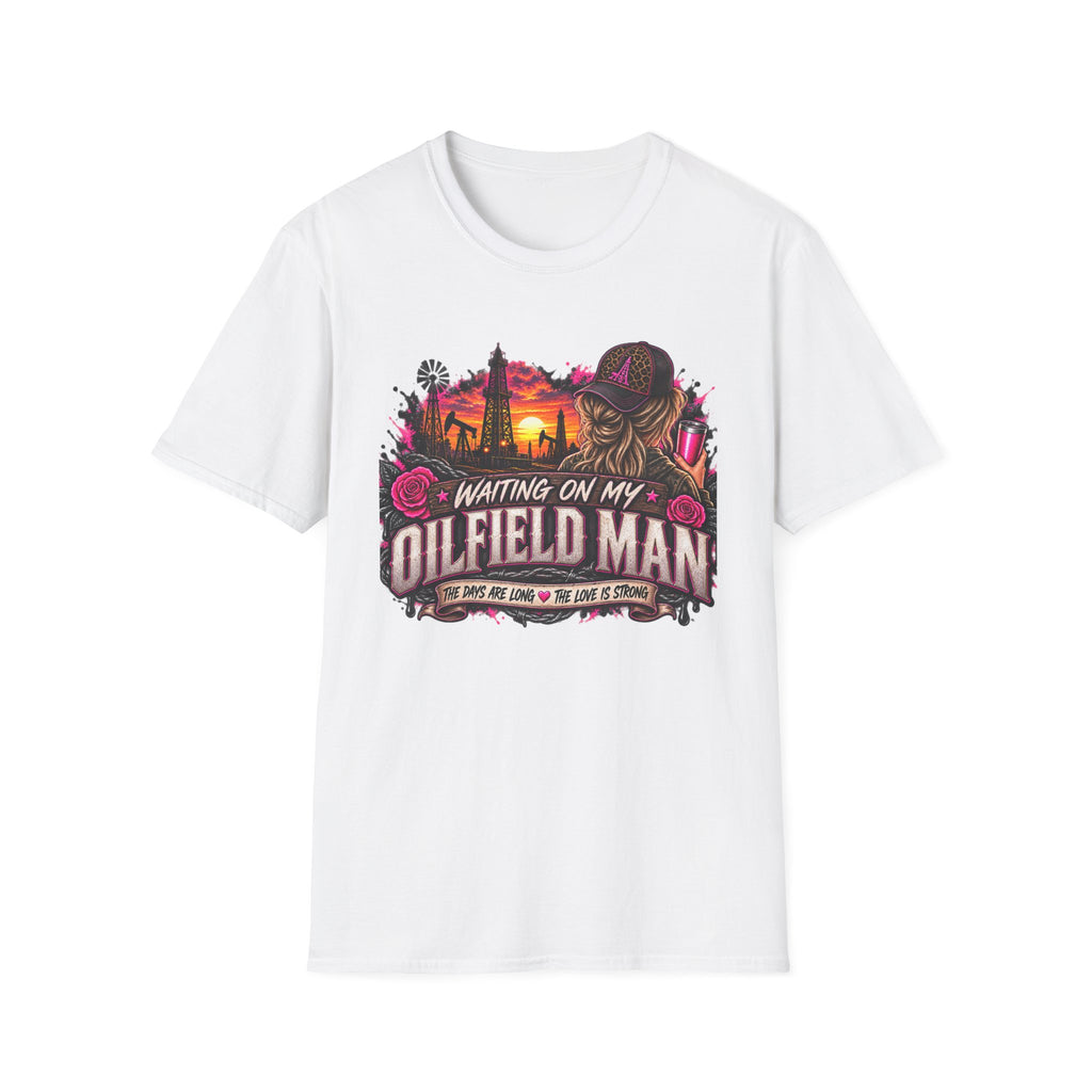 Waiting On My Oilfield Man T-Shirt — Vintage Sunset Oilfield Lady Tee