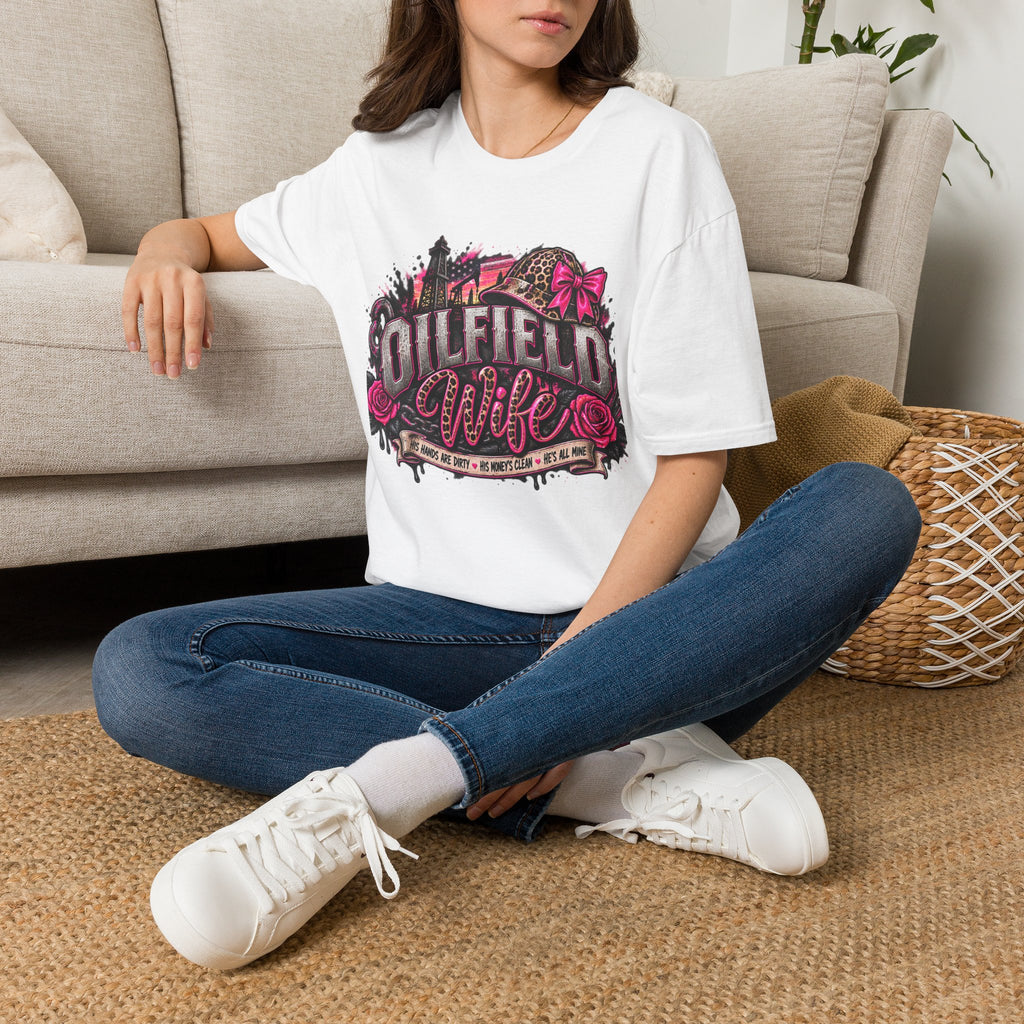 Oilfield Wife T-Shirt — Pink Leopard Bow Oilfield Graphic Tee