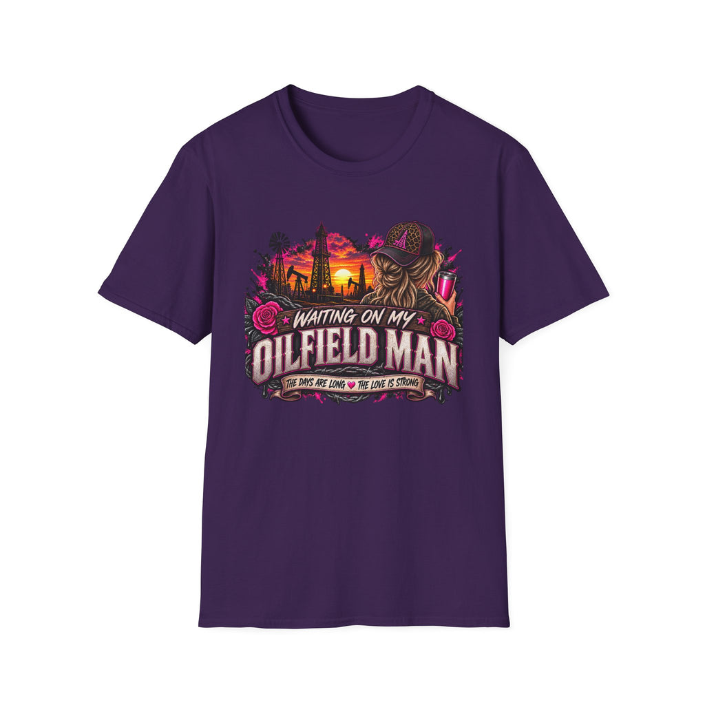 Waiting On My Oilfield Man T-Shirt — Vintage Sunset Oilfield Lady Tee