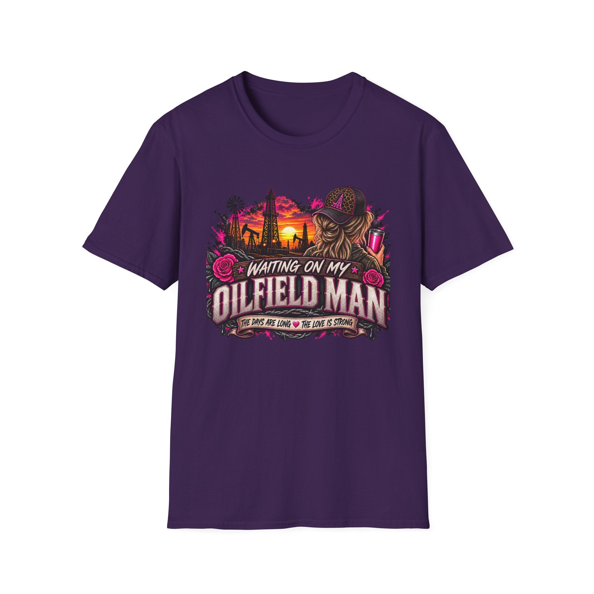 Waiting On My Oilfield Man T-Shirt — Vintage Sunset Oilfield Lady Tee