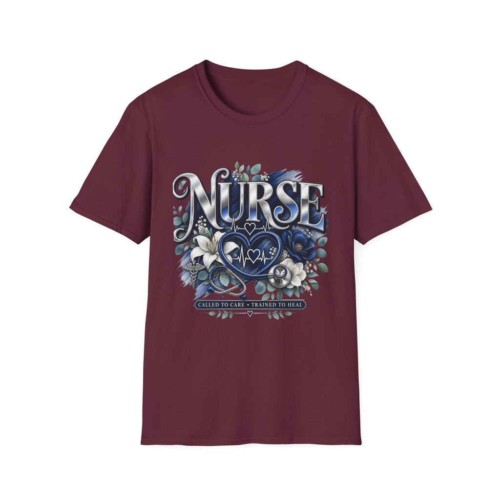 Nurse Floral Heart T‑Shirt — Blue Script Medical Pride Tee