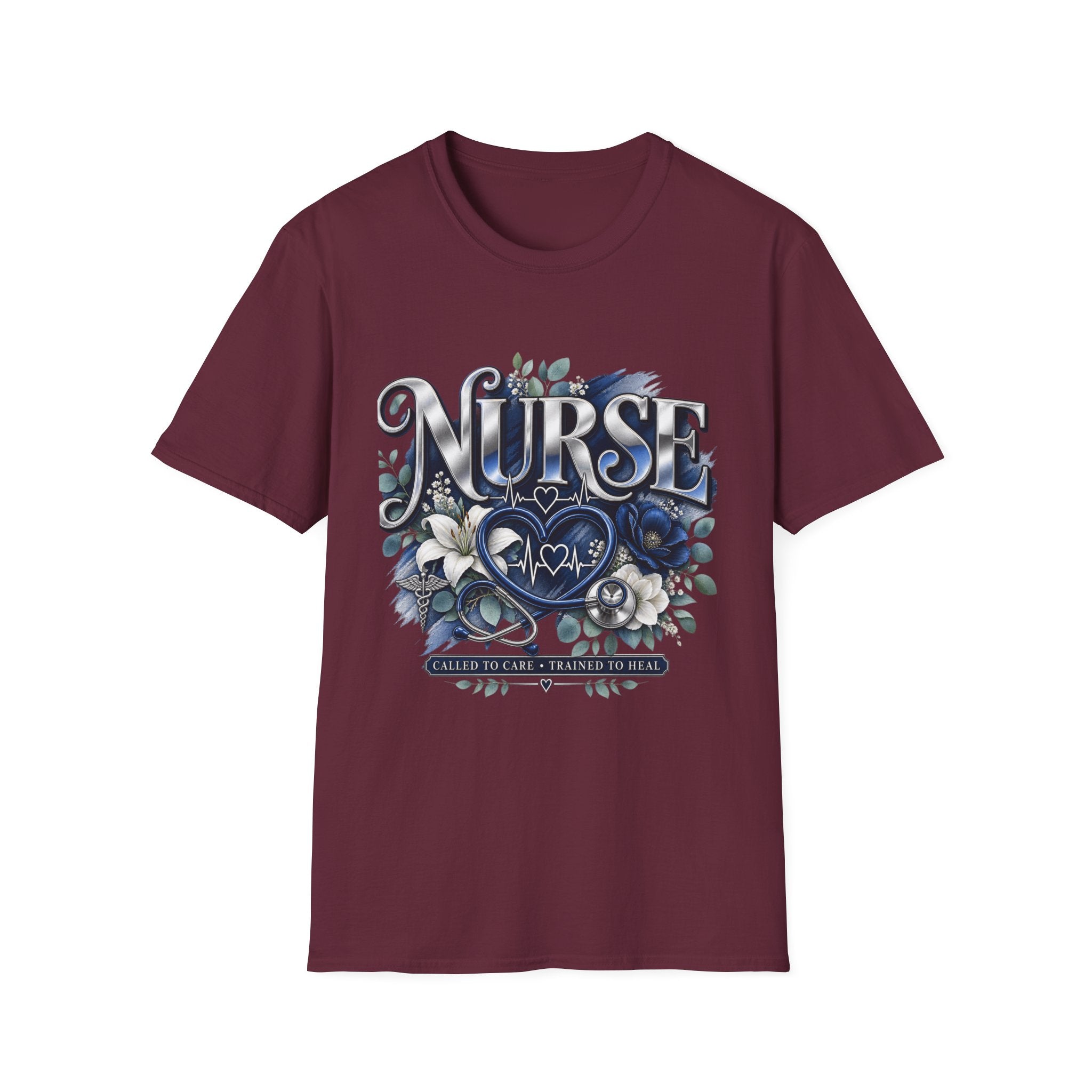 Nurse Floral Heart T‑Shirt — Blue Script Medical Pride Tee