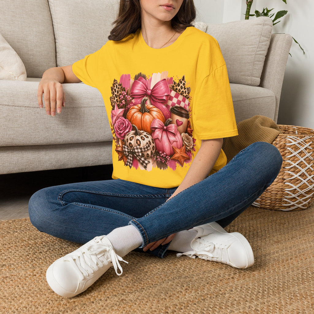 Pumpkin Bow Graphic T‑Shirt — Pink Fall Pumpkin & Leopard Coffee Tee