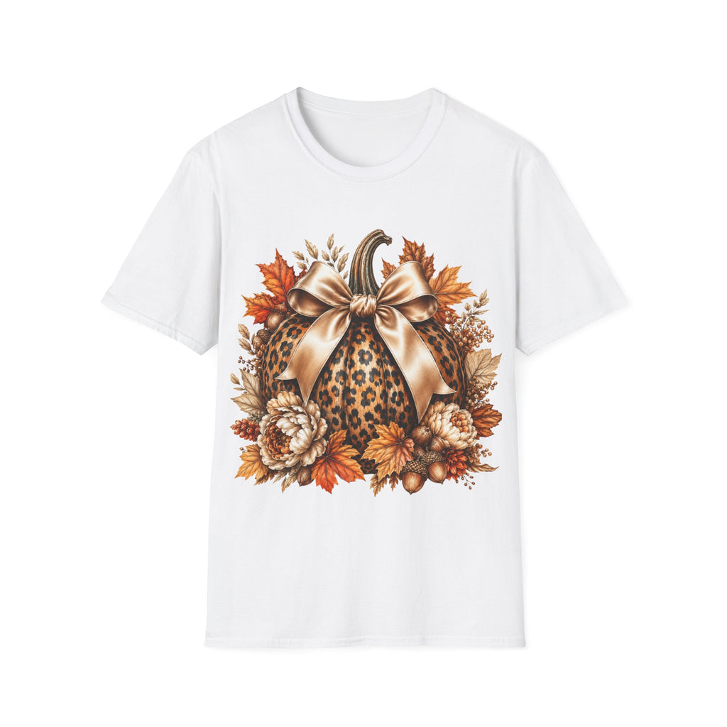 Leopard Pumpkin Fall T-Shirt — Autumn Bow & Leaves Graphic Tee