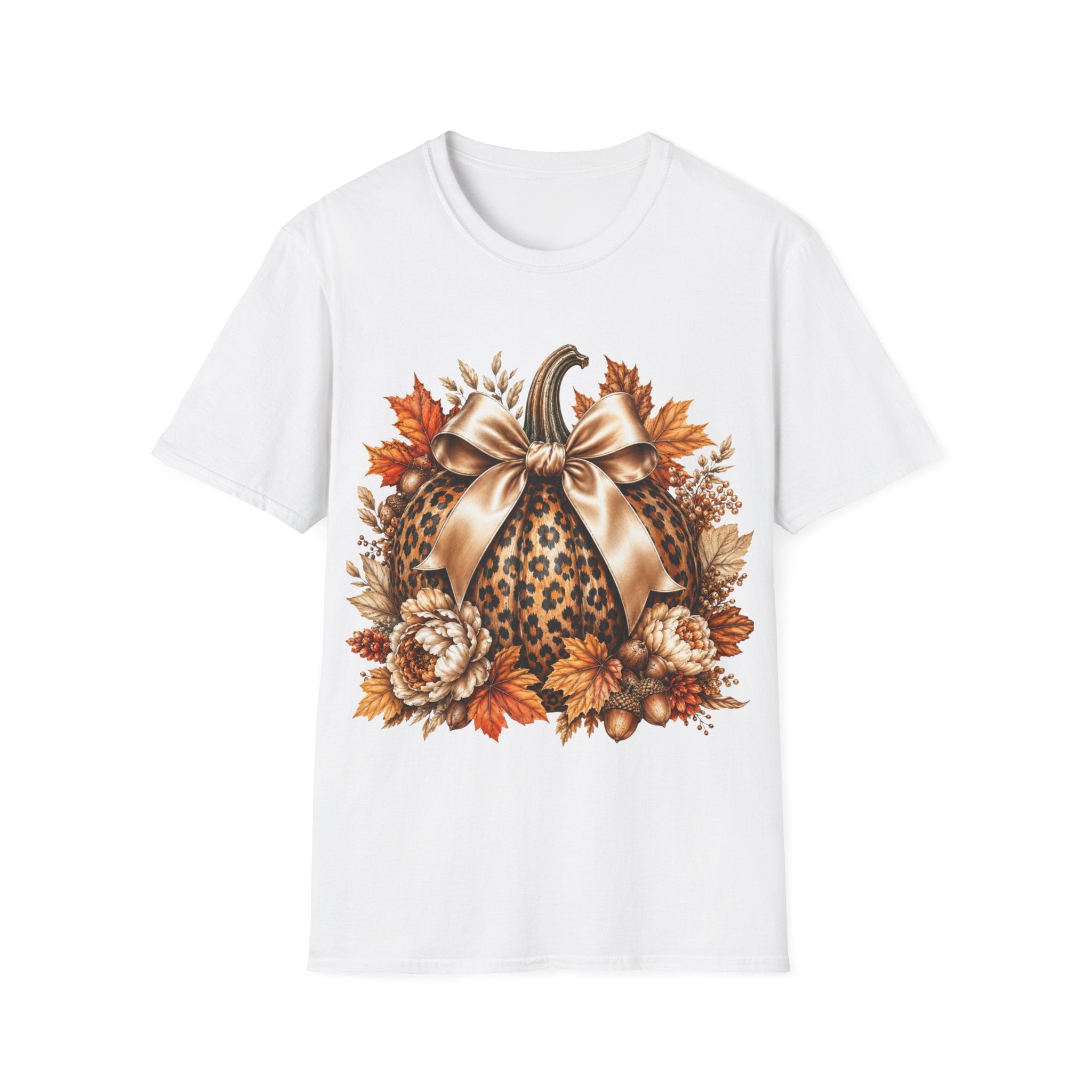 Leopard Pumpkin Fall T-Shirt — Autumn Bow & Leaves Graphic Tee