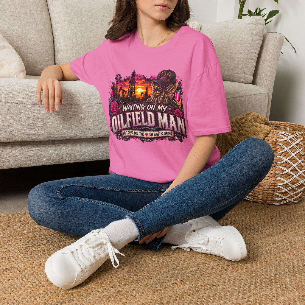 Waiting On My Oilfield Man T-Shirt — Vintage Sunset Oilfield Lady Tee