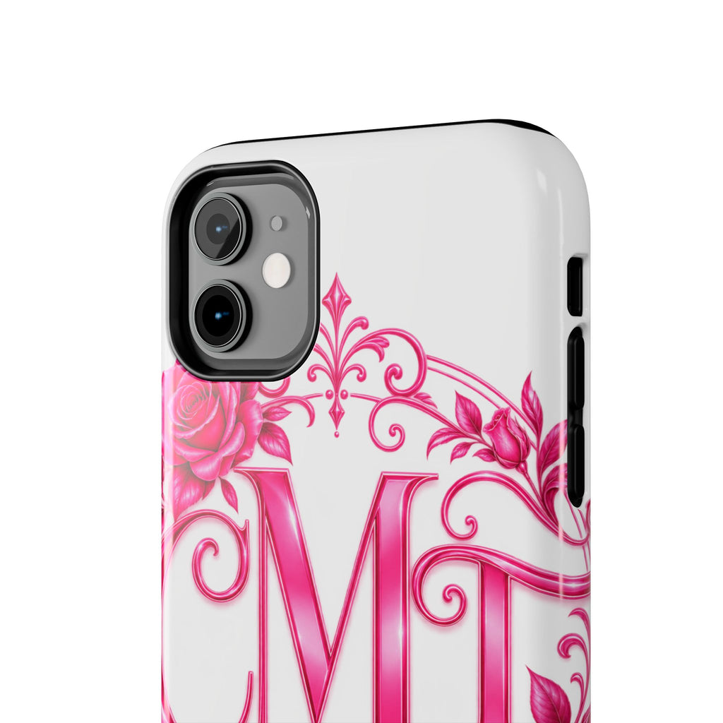 Monogram Pink Rose Tough Phone Case — Personalized Floral Initials iPhone Case