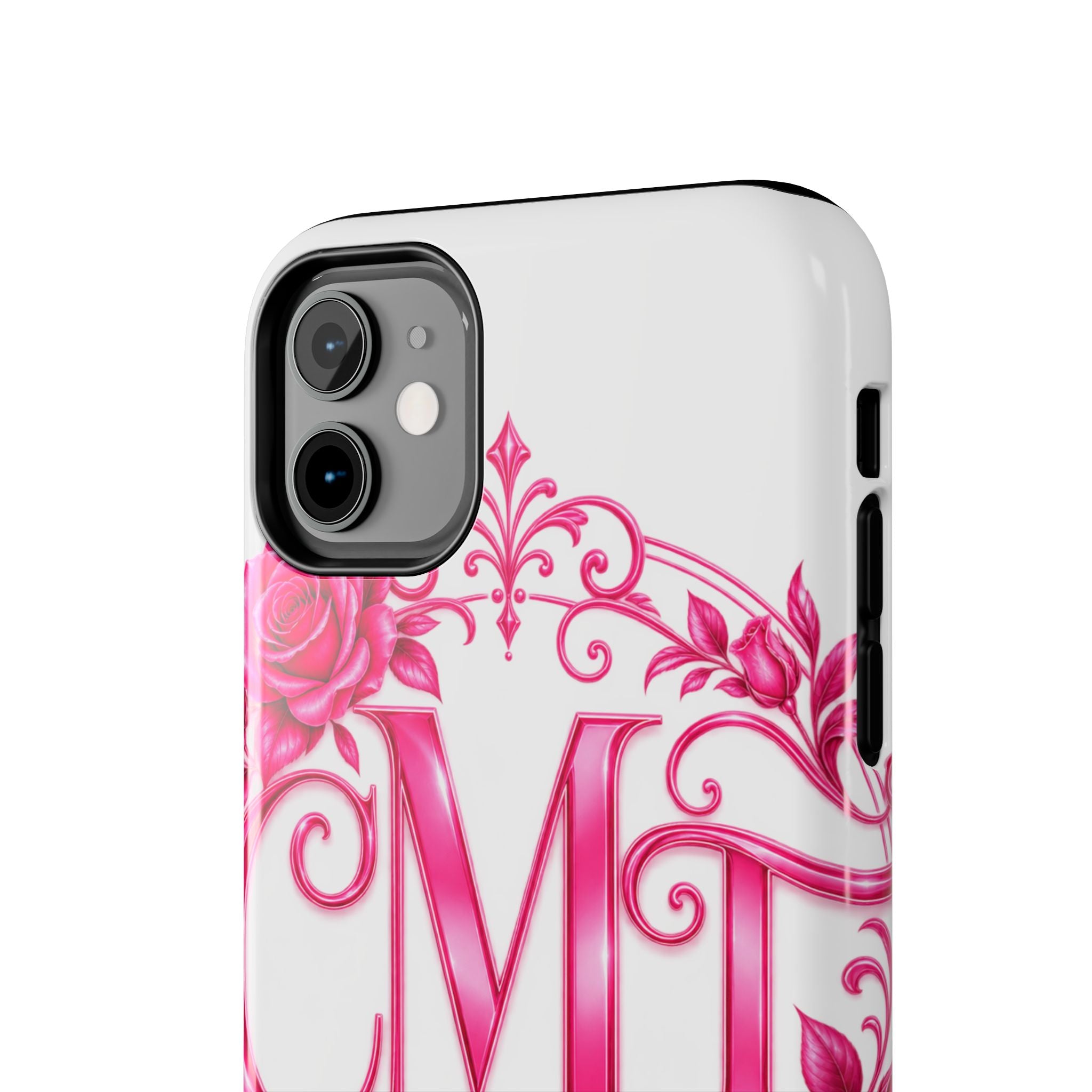 Monogram Pink Rose Tough Phone Case — Personalized Floral Initials iPhone Case