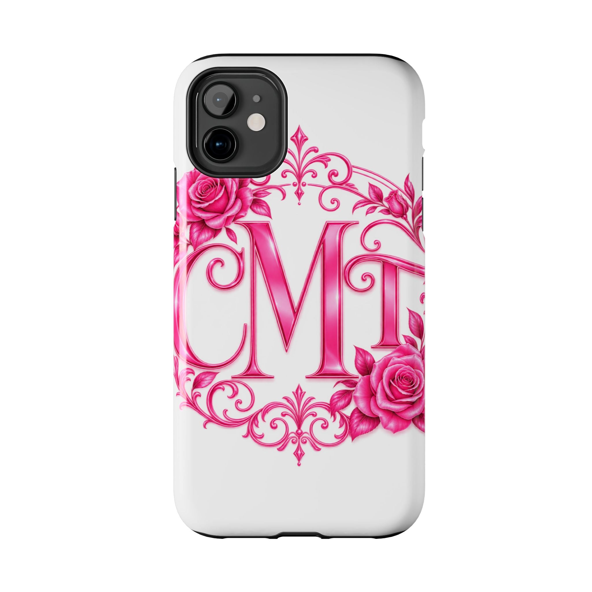 Monogram Pink Rose Tough Phone Case — Personalized Floral Initials iPhone Case
