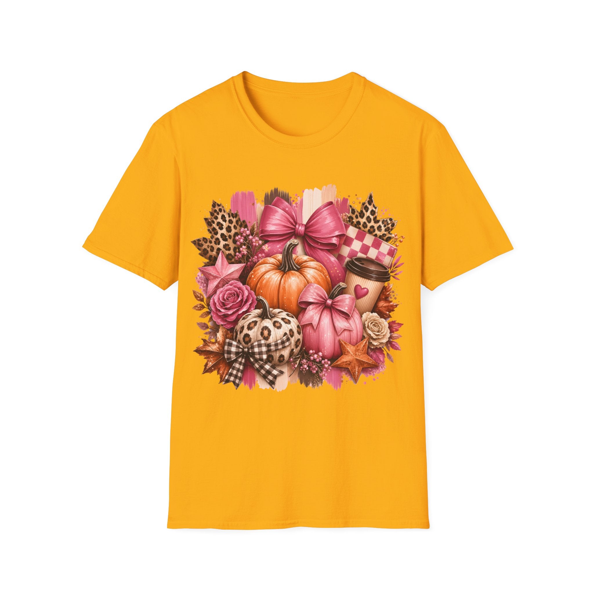 Pumpkin Bow Graphic T‑Shirt — Pink Fall Pumpkin & Leopard Coffee Tee