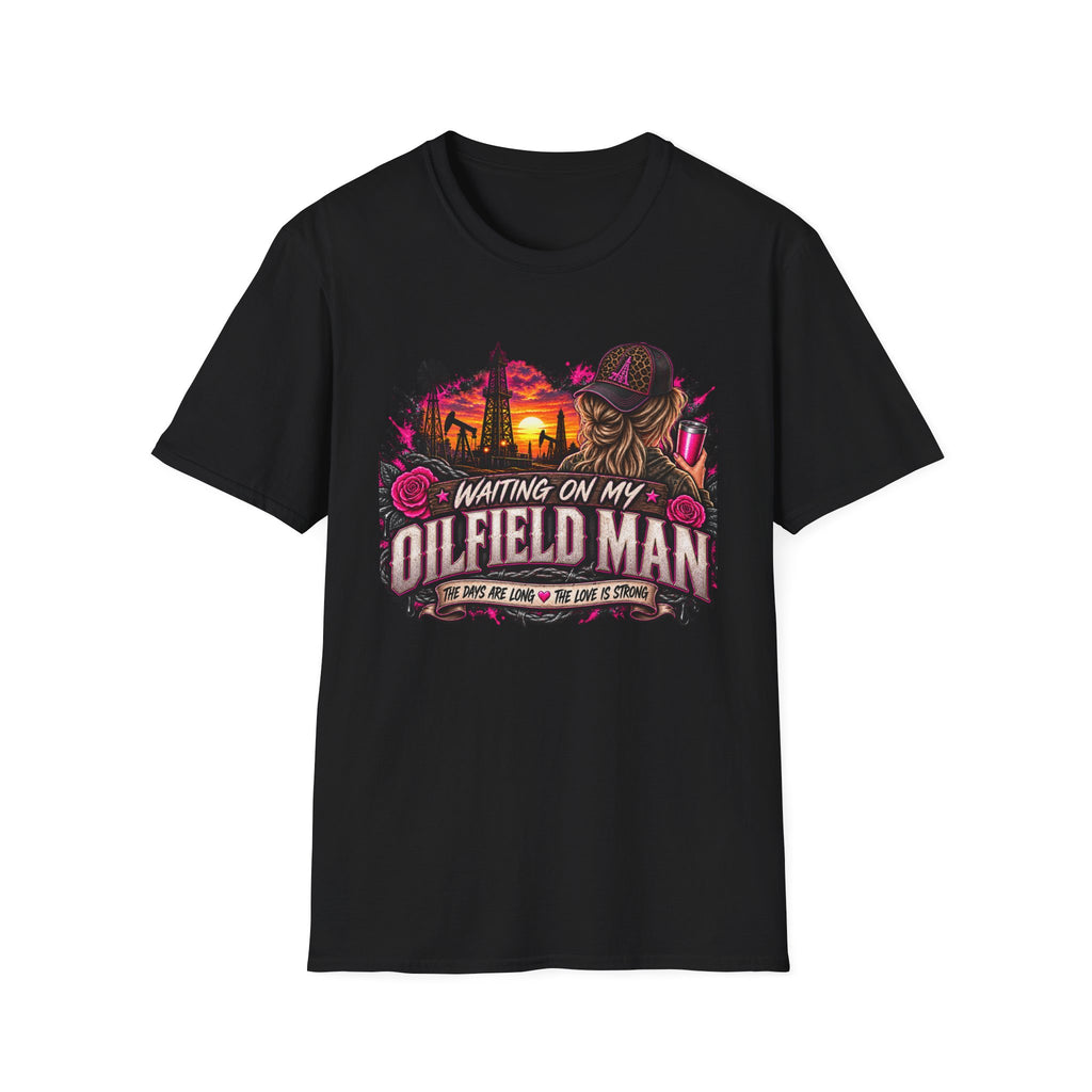 Waiting On My Oilfield Man T-Shirt — Vintage Sunset Oilfield Lady Tee