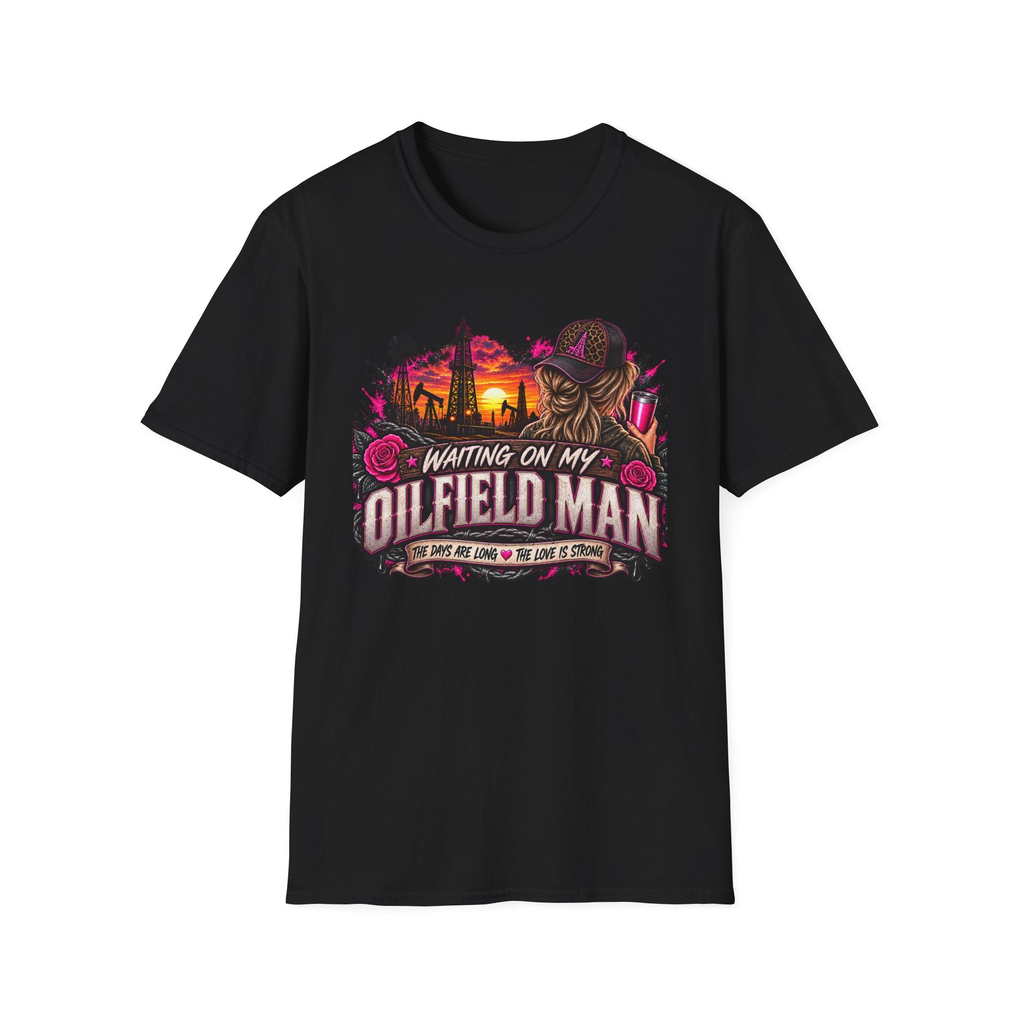 Waiting On My Oilfield Man T-Shirt — Vintage Sunset Oilfield Lady Tee