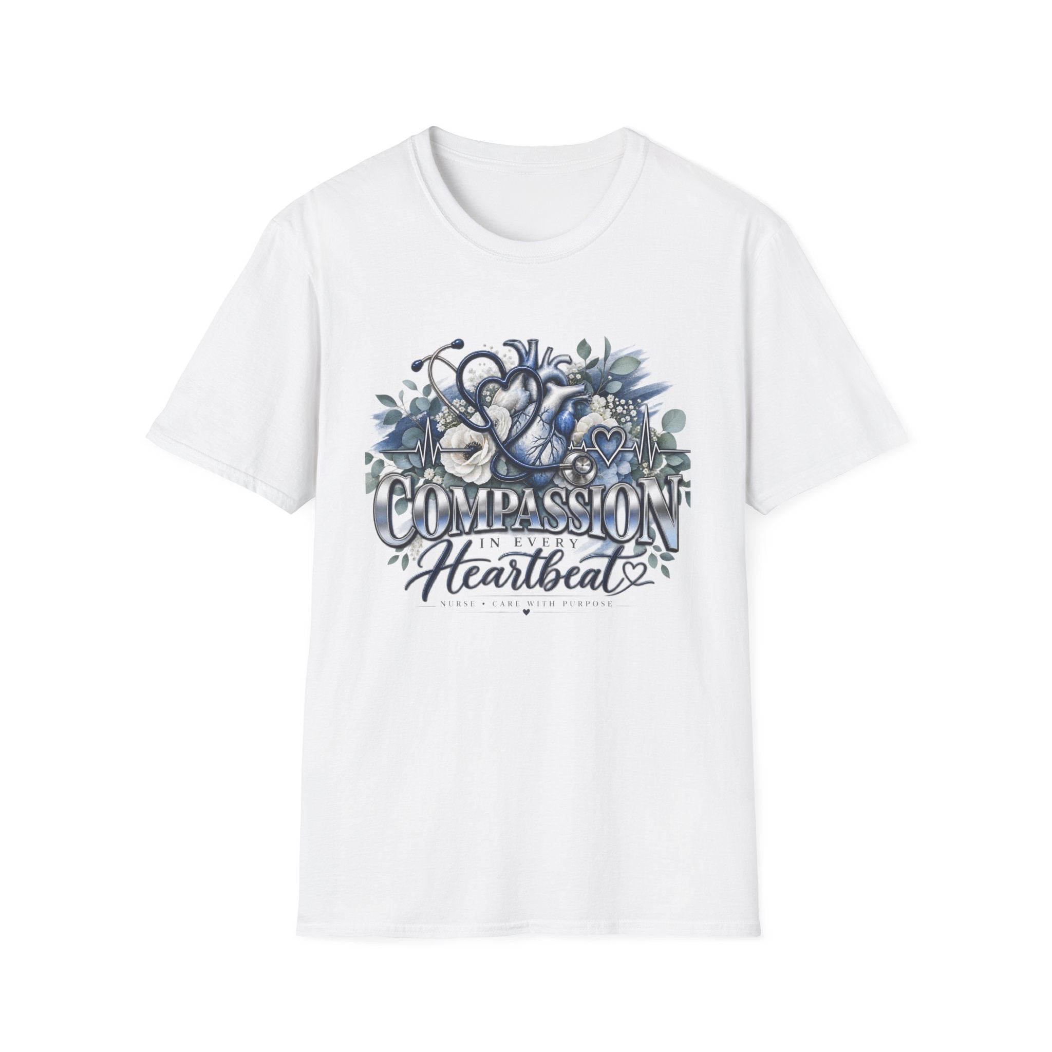 Compassion Heartbeat T-Shirt — Stethoscope & Floral Nurse Medical Tee