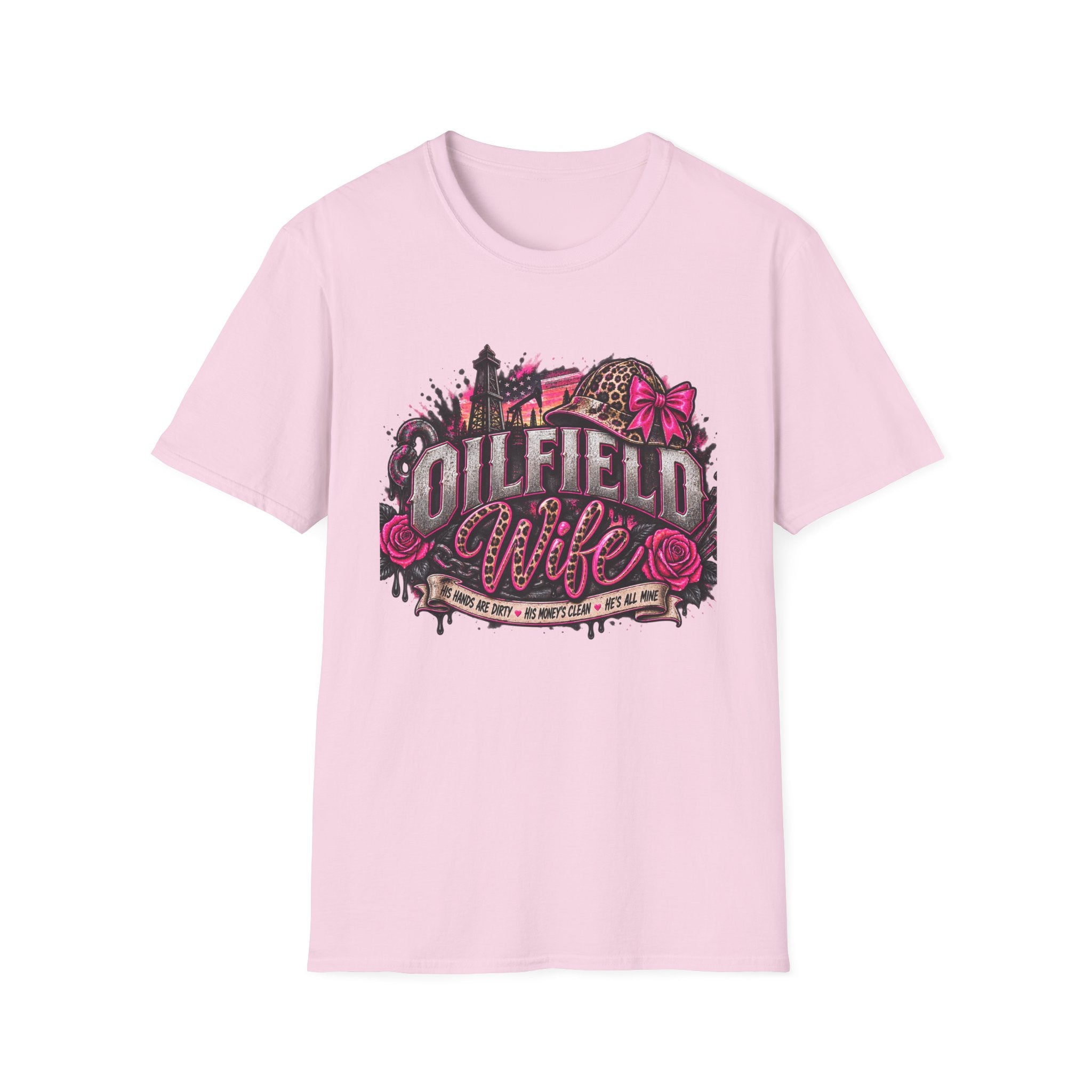 Oilfield Wife T-Shirt — Pink Leopard Bow Oilfield Graphic Tee