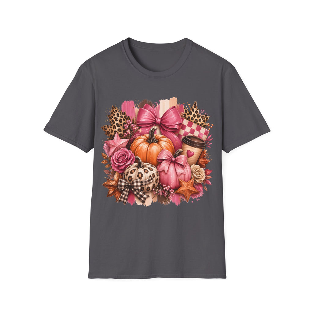 Pumpkin Bow Graphic T‑Shirt — Pink Fall Pumpkin & Leopard Coffee Tee