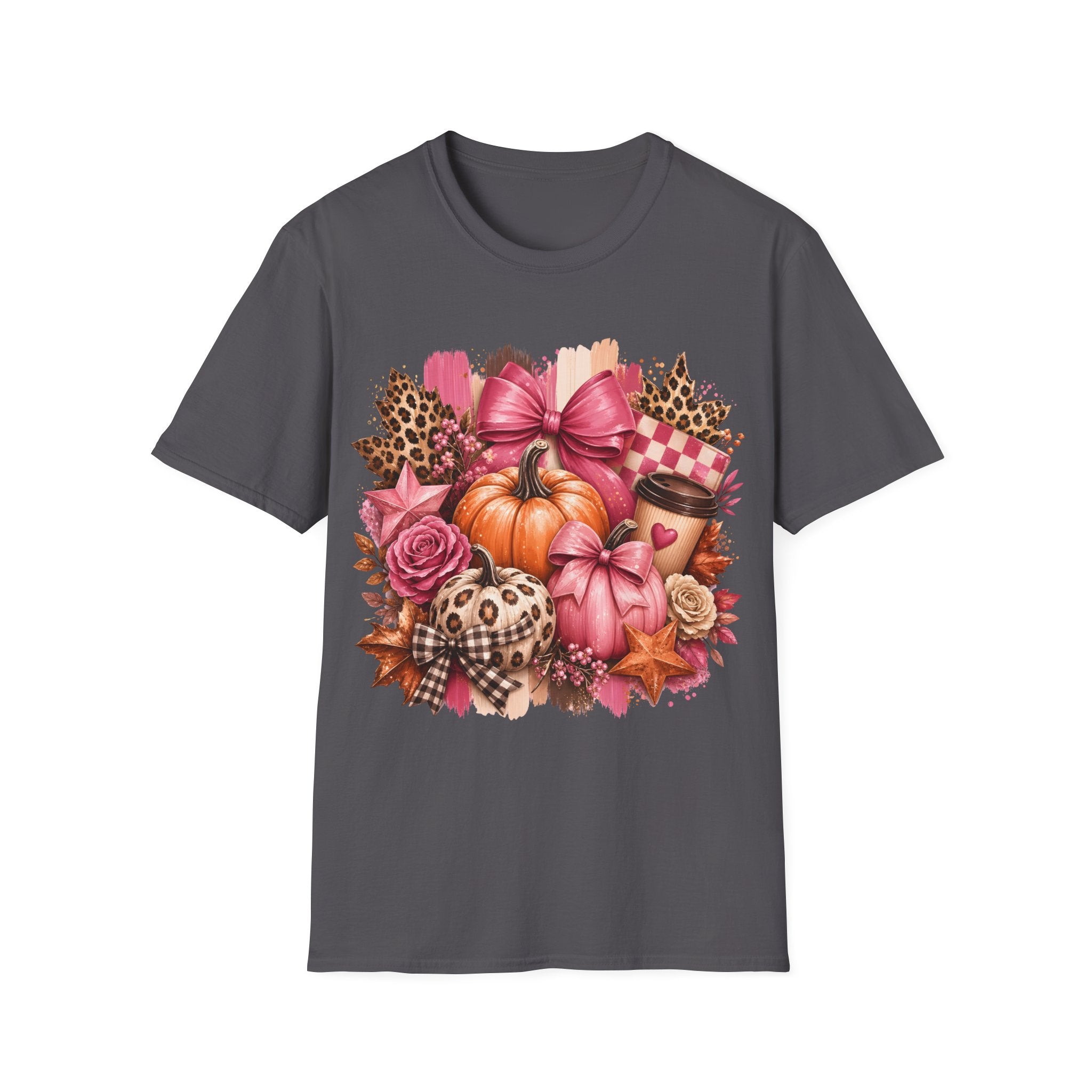 Pumpkin Bow Graphic T‑Shirt — Pink Fall Pumpkin & Leopard Coffee Tee