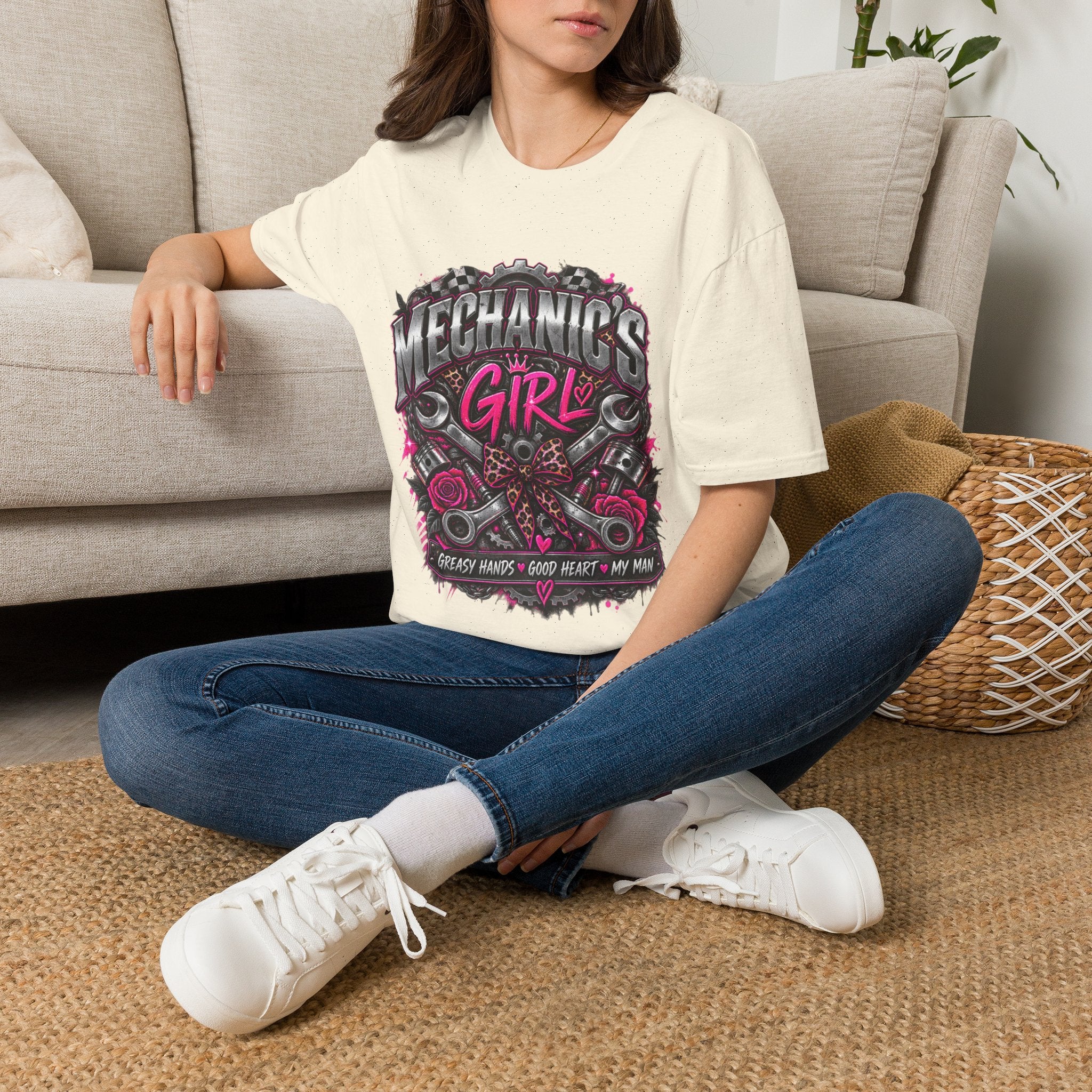 Mechanic's Girl T‑Shirt — Women's Automotive Crew Tee (Pink Gears & Wrenches)