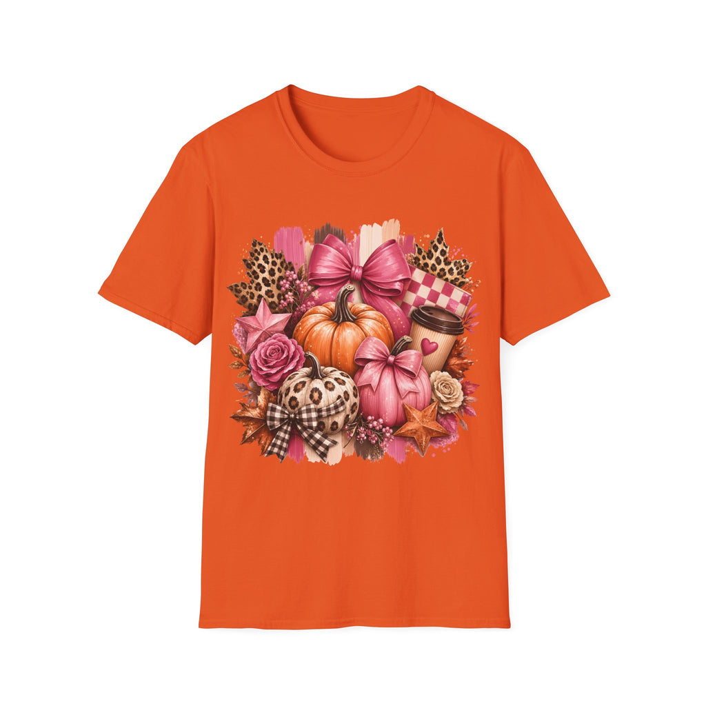 Pumpkin Bow Graphic T‑Shirt — Pink Fall Pumpkin & Leopard Coffee Tee