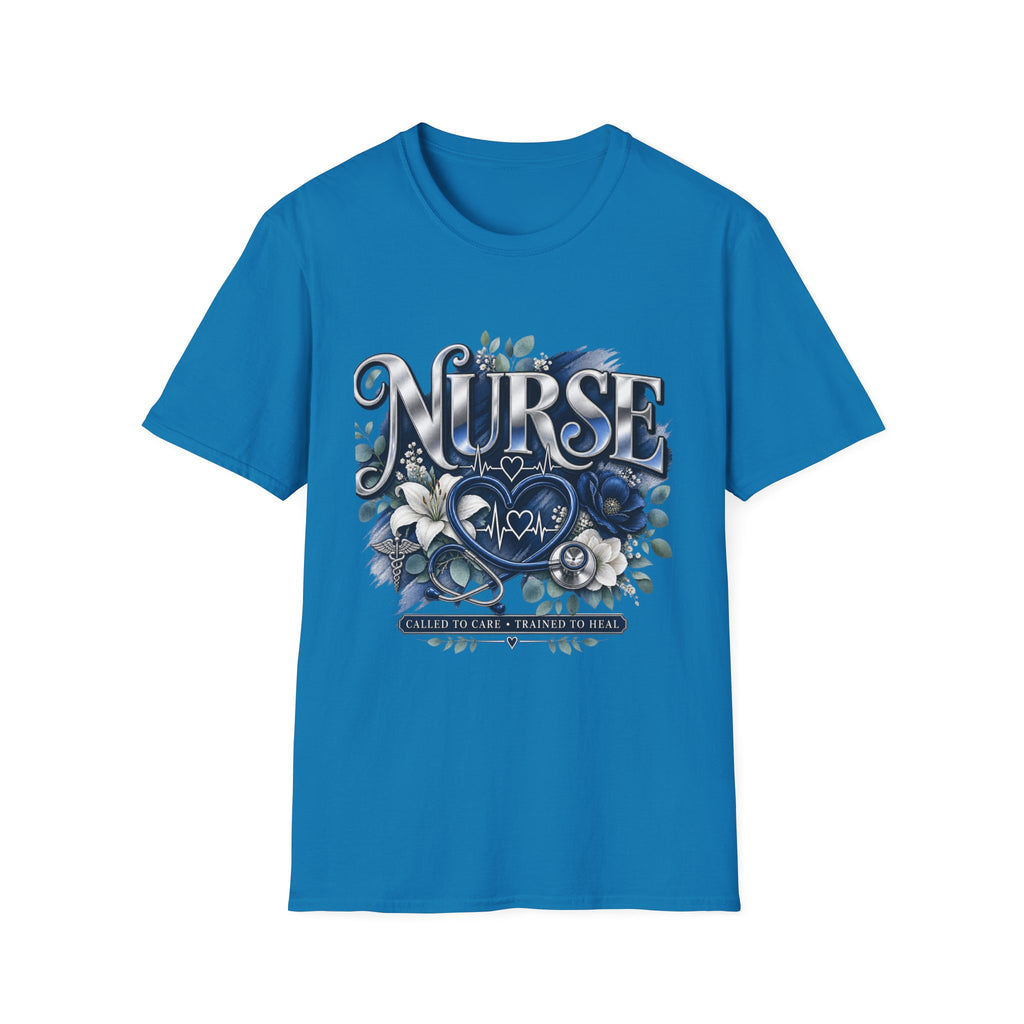 Nurse Floral Heart T‑Shirt — Blue Script Medical Pride Tee