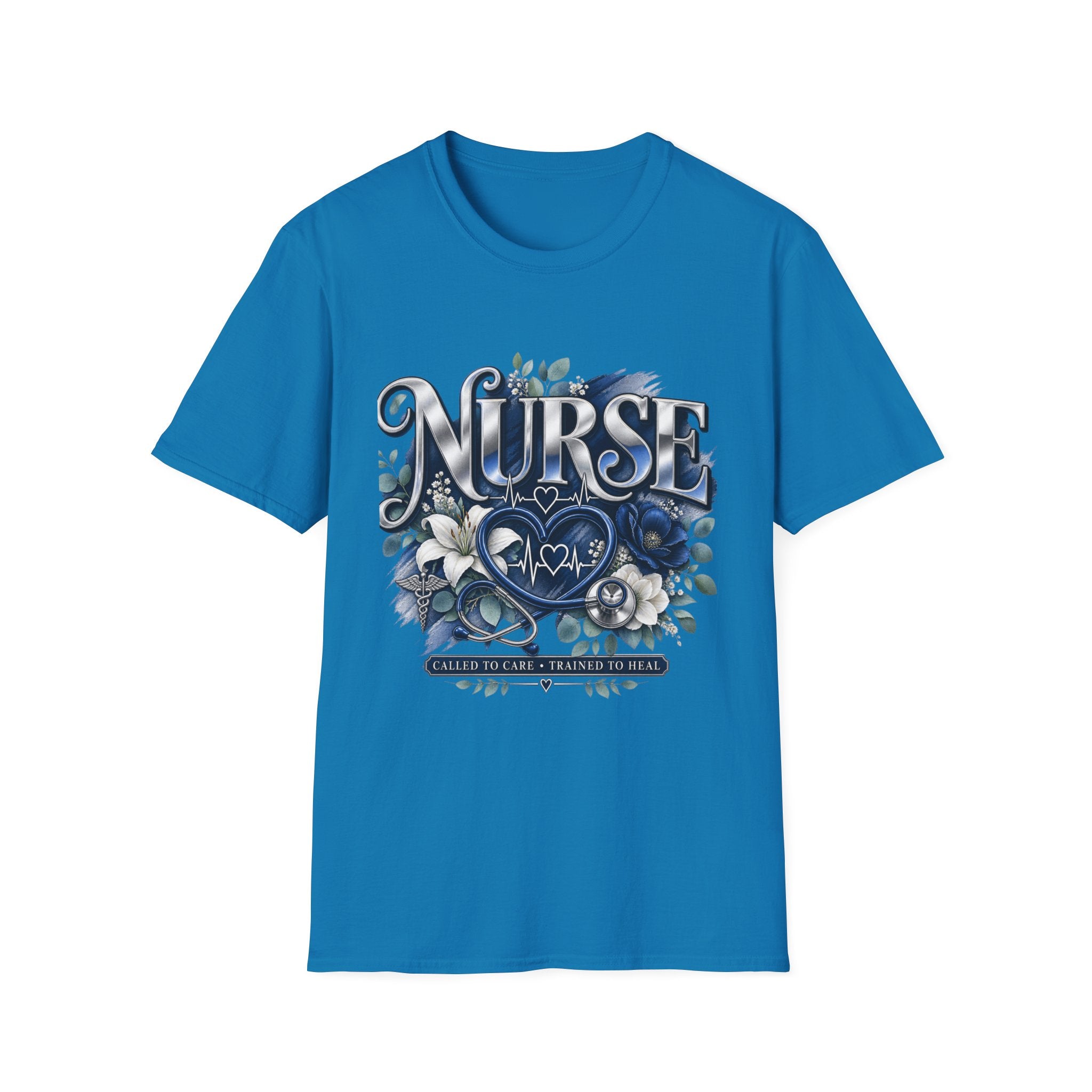 Nurse Floral Heart T‑Shirt — Blue Script Medical Pride Tee