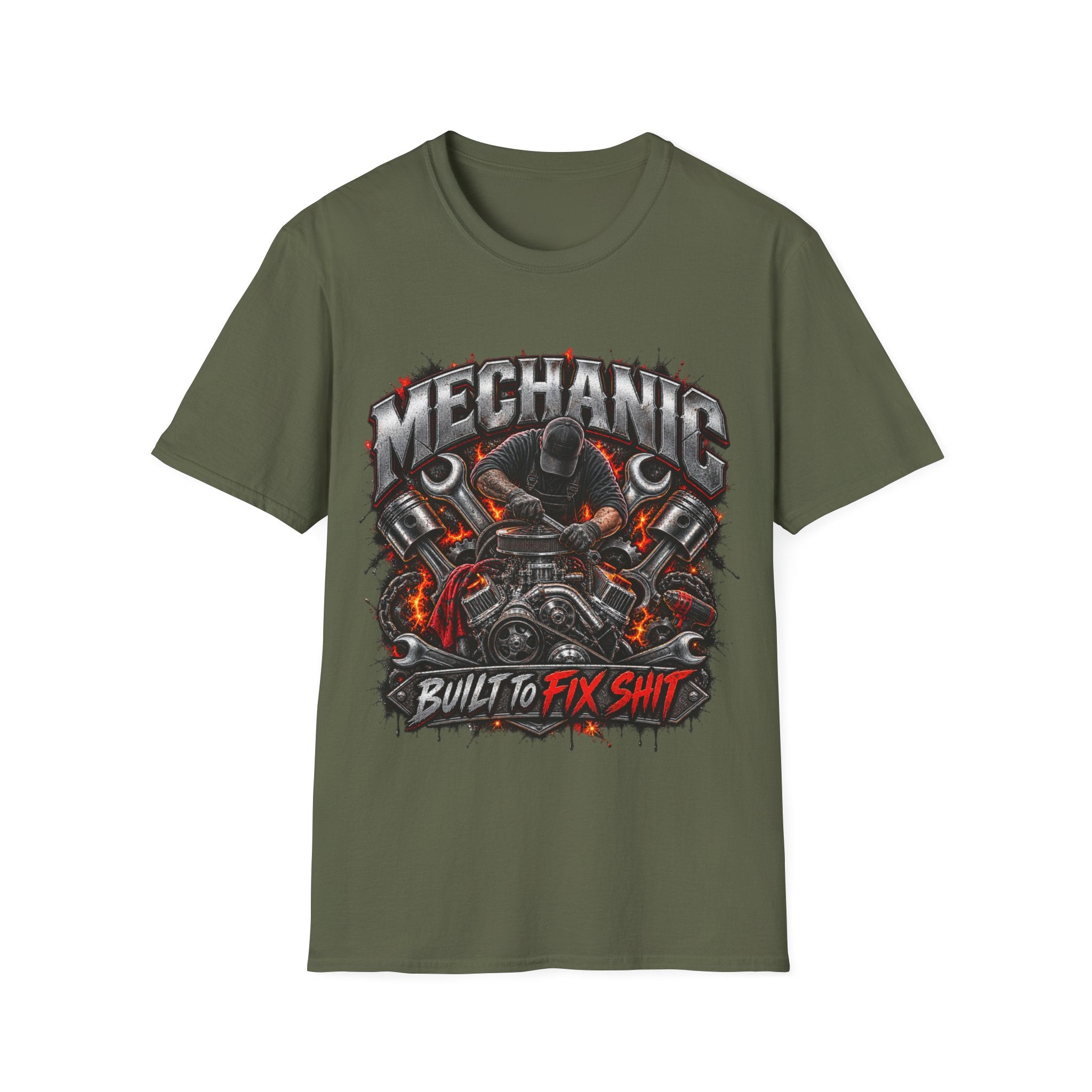 Mechanic T-Shirt — "Built to Fix Sh!t" Garage Wrench Repair Tee