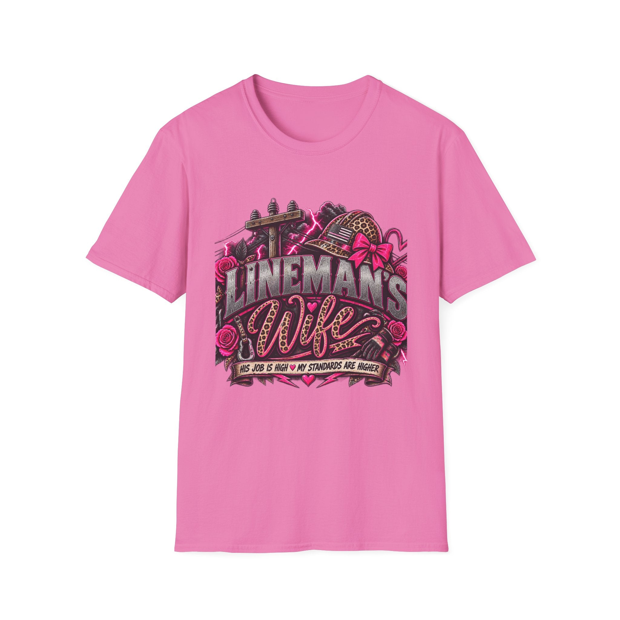 Lineman's Wife T‑Shirt — Pink Floral Lineman Crew Design