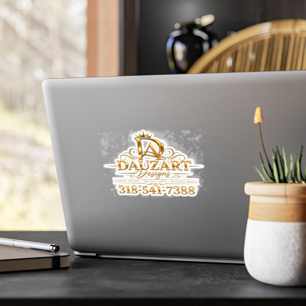 Logo Vinyl Decal — Gold "Dauzart Designs" Kiss-Cut Sticker with Phone Number