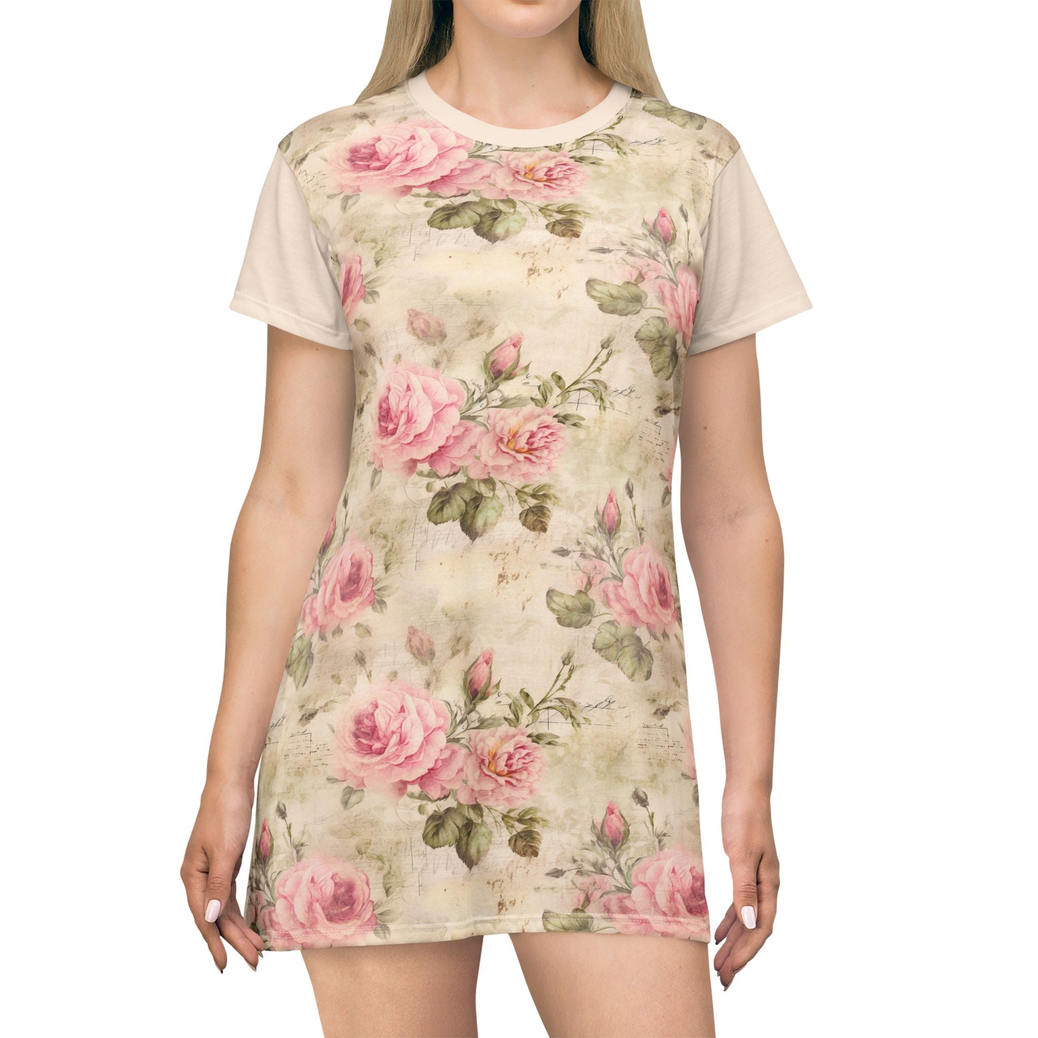 Vintage Pink Rose T-Shirt Dress