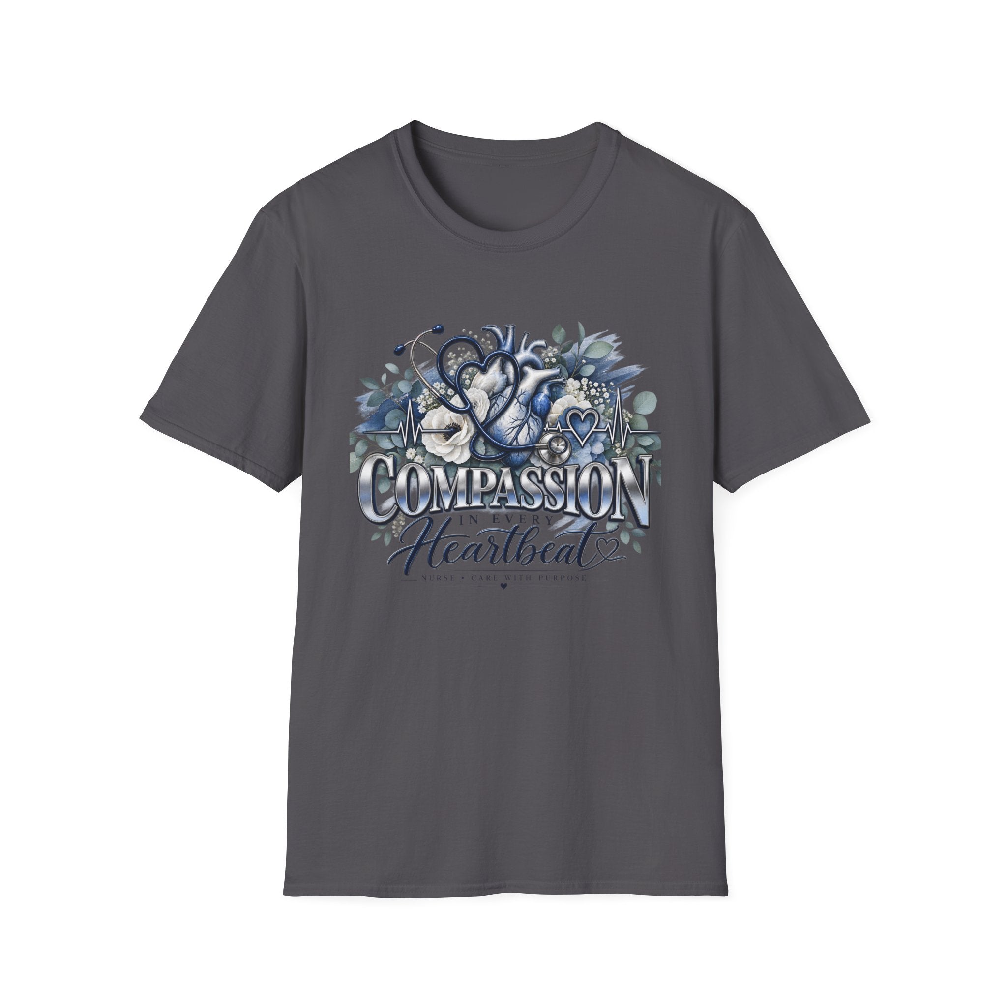Compassion Heartbeat T-Shirt — Stethoscope & Floral Nurse Medical Tee