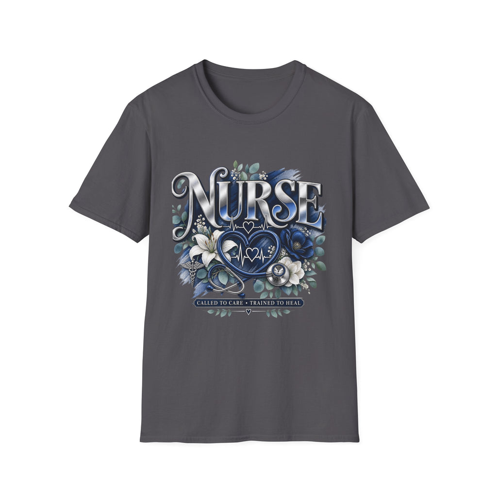 Nurse Floral Heart T‑Shirt — Blue Script Medical Pride Tee