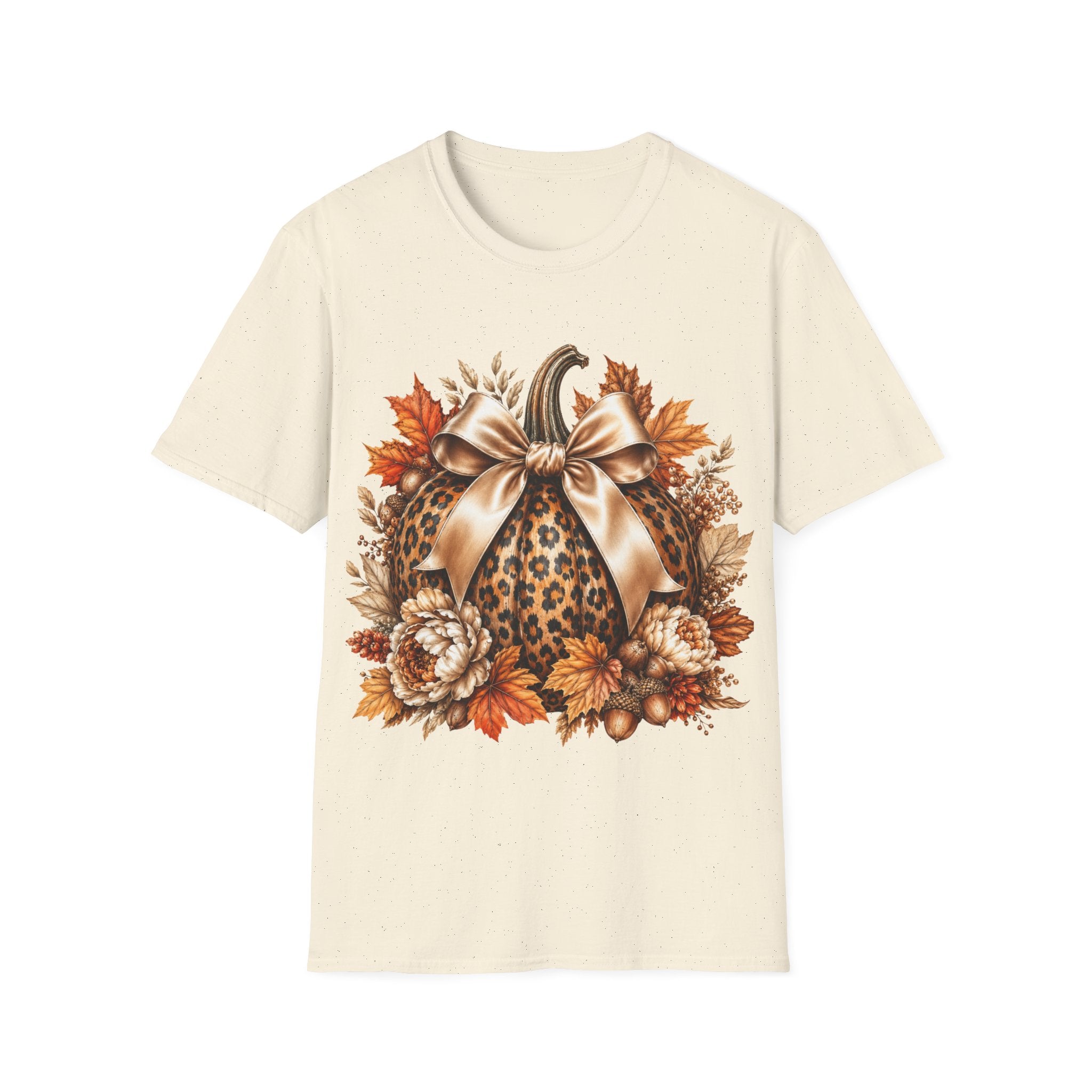 Leopard Pumpkin Fall T-Shirt — Autumn Bow & Leaves Graphic Tee